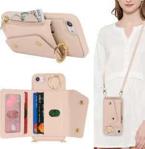 for iPhone 7/8/SE2020/SE2022 Case with Card Holder and Strap - Zipper Pocket,Crossbody Lanyard Strap,Credit Card Holder,Stand Ring,Cute Phone Wallet Case for Women(Beige,4.7 Inch)