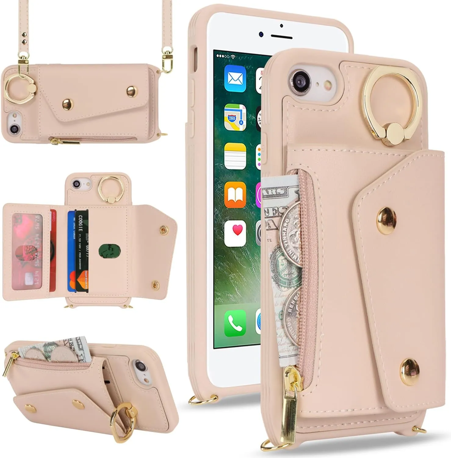 for iPhone 7/8/SE2020/SE2022 Case with Card Holder and Strap - Zipper Pocket,Crossbody Lanyard Strap,Credit Card Holder,Stand Ring,Cute Phone Wallet Case for Women(Beige,4.7 Inch)