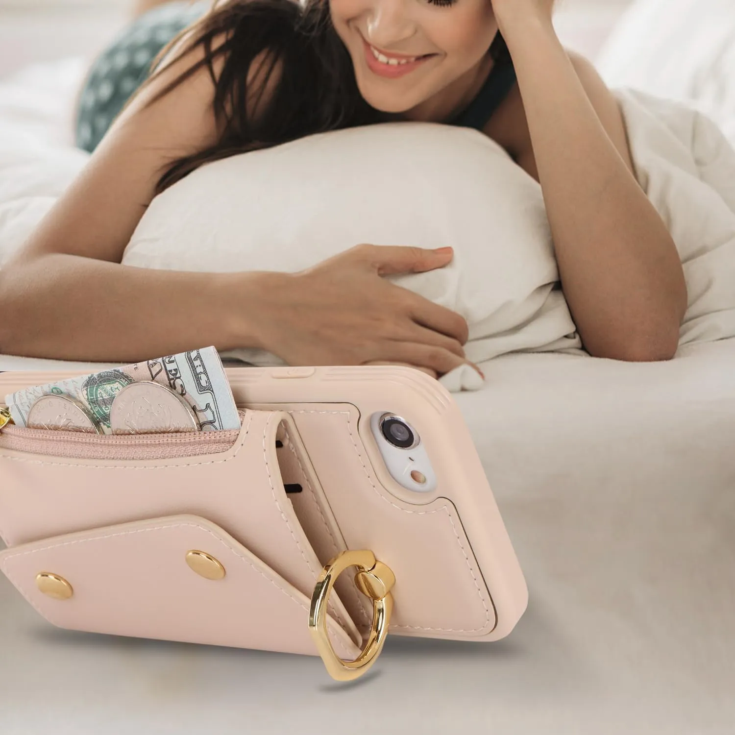 for iPhone 7/8/SE2020/SE2022 Case with Card Holder and Strap - Zipper Pocket,Crossbody Lanyard Strap,Credit Card Holder,Stand Ring,Cute Phone Wallet Case for Women(Beige,4.7 Inch)