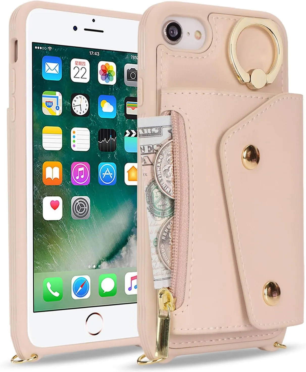 for iPhone 7/8/SE2020/SE2022 Case with Card Holder and Strap - Zipper Pocket,Crossbody Lanyard Strap,Credit Card Holder,Stand Ring,Cute Phone Wallet Case for Women(Beige,4.7 Inch)