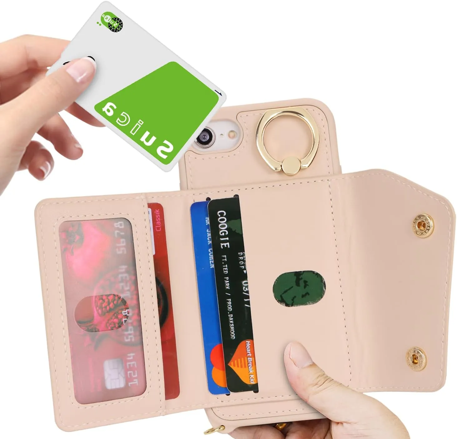 for iPhone 7/8/SE2020/SE2022 Case with Card Holder and Strap - Zipper Pocket,Crossbody Lanyard Strap,Credit Card Holder,Stand Ring,Cute Phone Wallet Case for Women(Beige,4.7 Inch)