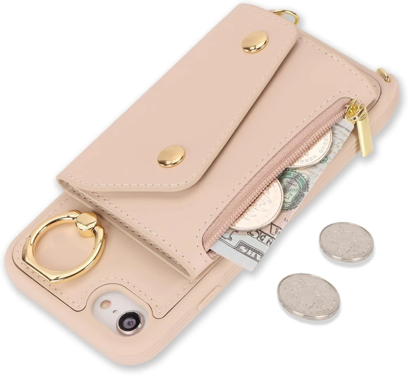 for iPhone 7/8/SE2020/SE2022 Case with Card Holder and Strap - Zipper Pocket,Crossbody Lanyard Strap,Credit Card Holder,Stand Ring,Cute Phone Wallet Case for Women(Beige,4.7 Inch)