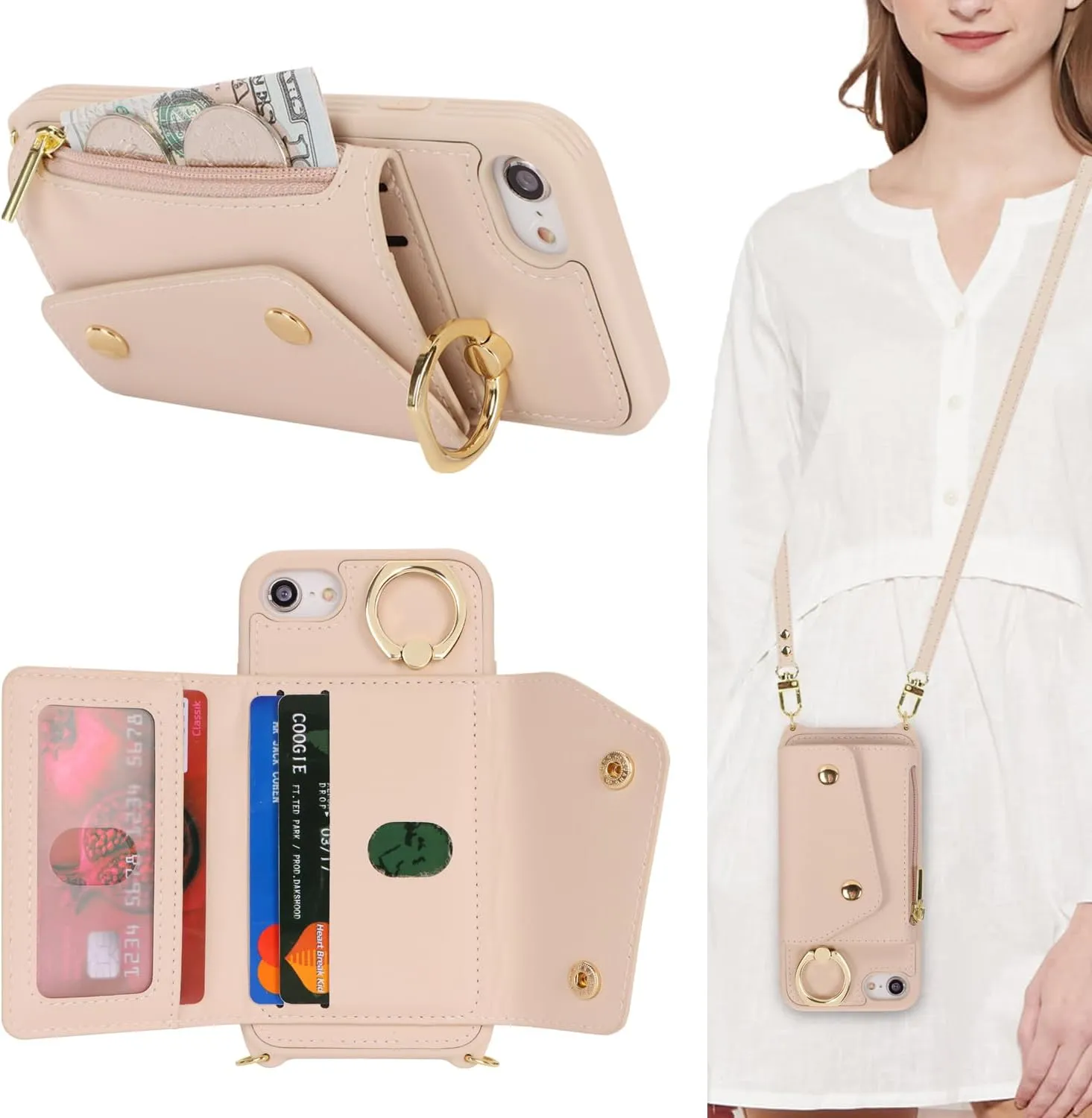 for iPhone 7/8/SE2020/SE2022 Case with Card Holder and Strap - Zipper Pocket,Crossbody Lanyard Strap,Credit Card Holder,Stand Ring,Cute Phone Wallet Case for Women(Beige,4.7 Inch)