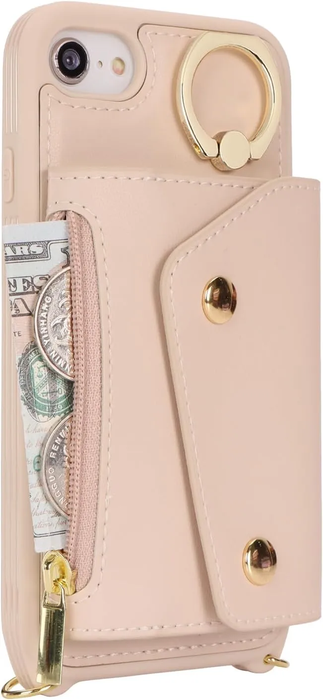 for iPhone 7/8/SE2020/SE2022 Case with Card Holder and Strap - Zipper Pocket,Crossbody Lanyard Strap,Credit Card Holder,Stand Ring,Cute Phone Wallet Case for Women(Beige,4.7 Inch)