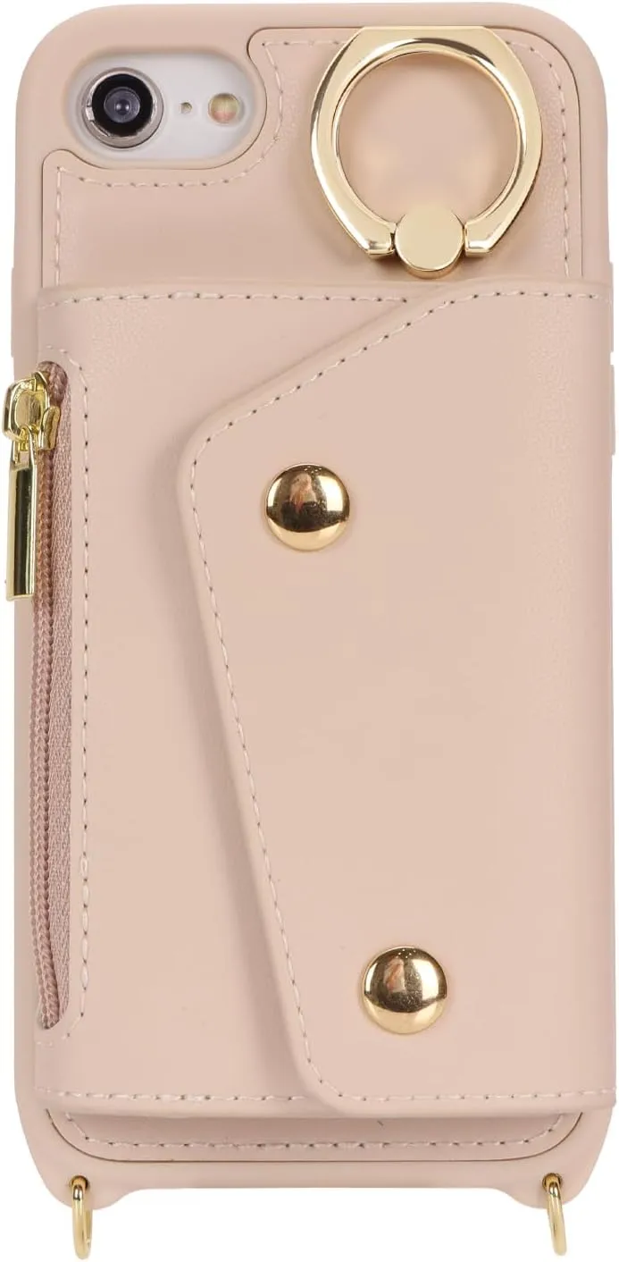 for iPhone 7/8/SE2020/SE2022 Case with Card Holder and Strap - Zipper Pocket,Crossbody Lanyard Strap,Credit Card Holder,Stand Ring,Cute Phone Wallet Case for Women(Beige,4.7 Inch)