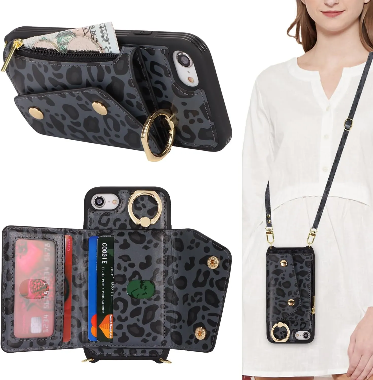 for iPhone 7/8/SE2020/SE2022 Case with Card Holder and Strap - Zipper Pocket,Crossbody Lanyard Strap,Credit Card Holder,Stand Ring,Cute Phone Wallet Case for Women(Black Leopard,4.7 Inch)