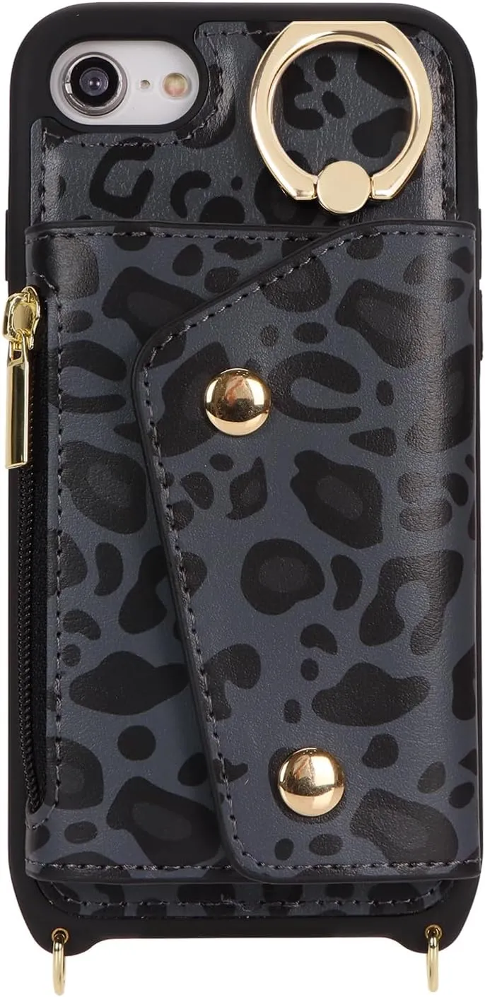 for iPhone 7/8/SE2020/SE2022 Case with Card Holder and Strap - Zipper Pocket,Crossbody Lanyard Strap,Credit Card Holder,Stand Ring,Cute Phone Wallet Case for Women(Black Leopard,4.7 Inch)