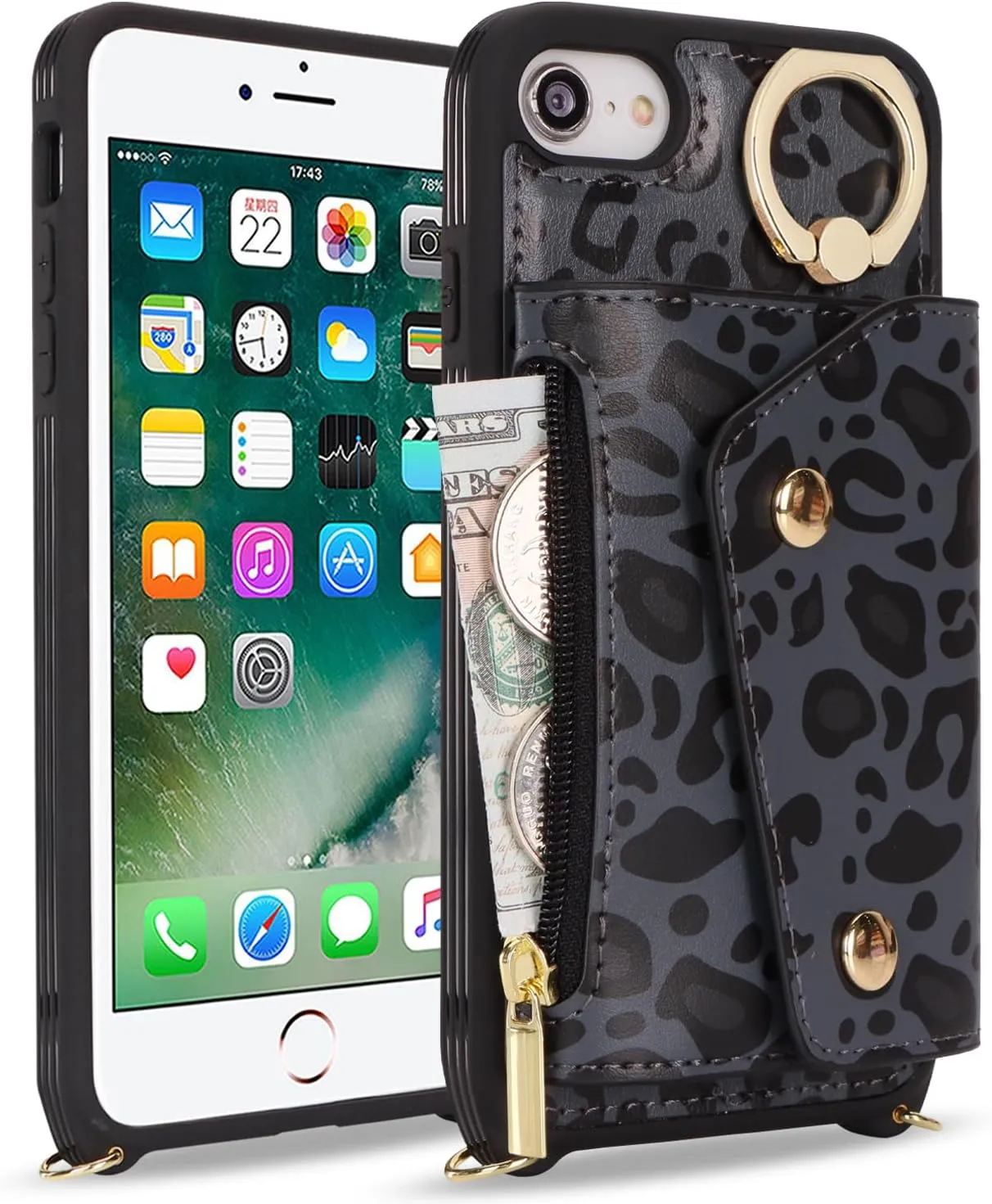 for iPhone 7/8/SE2020/SE2022 Case with Card Holder and Strap - Zipper Pocket,Crossbody Lanyard Strap,Credit Card Holder,Stand Ring,Cute Phone Wallet Case for Women(Black Leopard,4.7 Inch)
