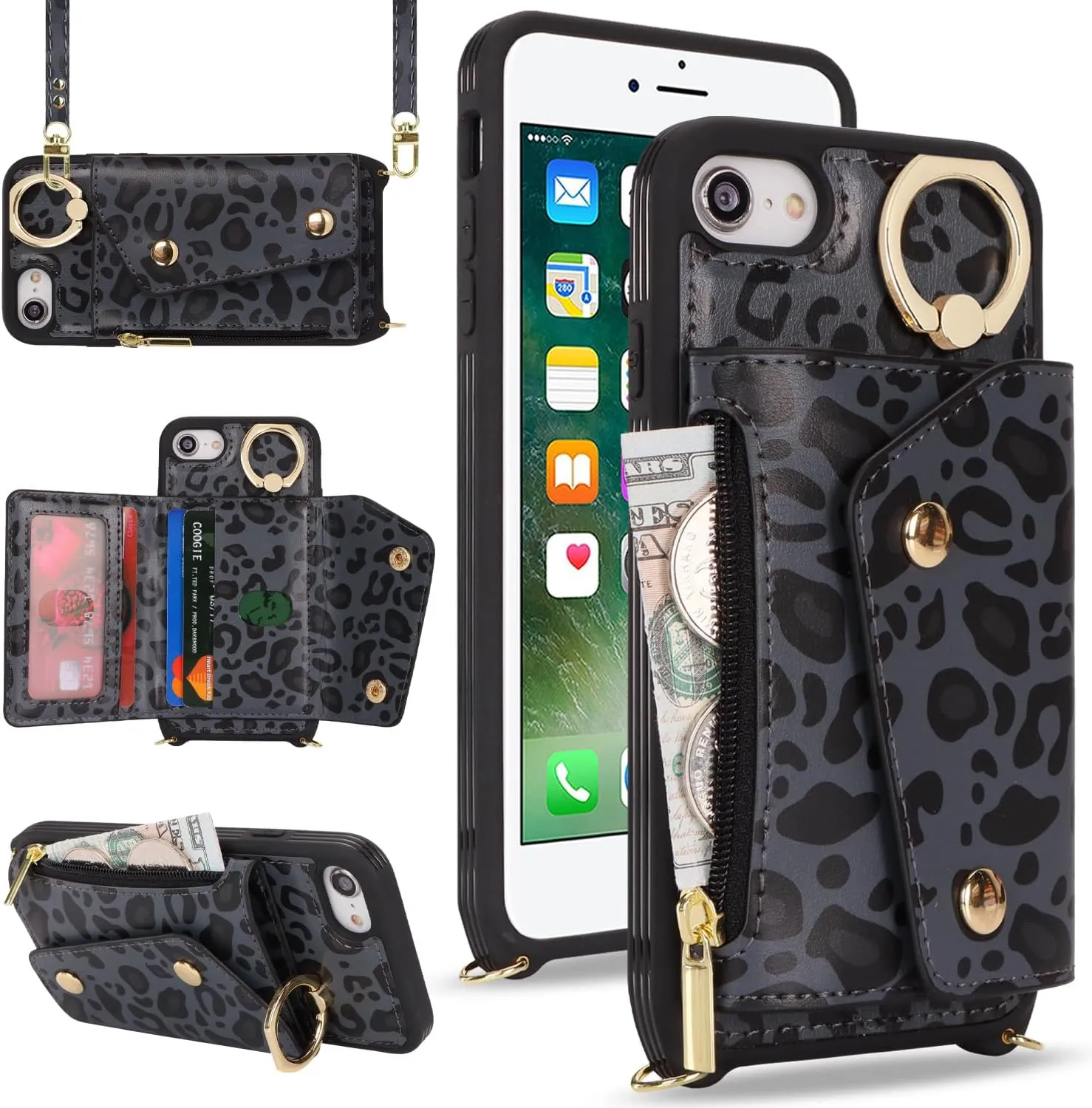for iPhone 7/8/SE2020/SE2022 Case with Card Holder and Strap - Zipper Pocket,Crossbody Lanyard Strap,Credit Card Holder,Stand Ring,Cute Phone Wallet Case for Women(Black Leopard,4.7 Inch)