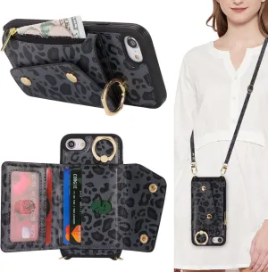 for iPhone 7/8/SE2020/SE2022 Case with Card Holder and Strap - Zipper Pocket,Crossbody Lanyard Strap,Credit Card Holder,Stand Ring,Cute Phone Wallet Case for Women(Black Leopard,4.7 Inch)