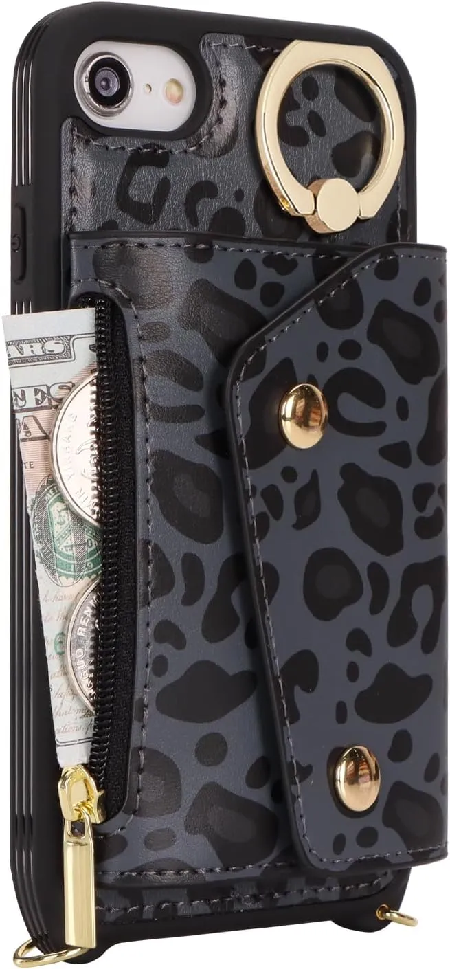 for iPhone 7/8/SE2020/SE2022 Case with Card Holder and Strap - Zipper Pocket,Crossbody Lanyard Strap,Credit Card Holder,Stand Ring,Cute Phone Wallet Case for Women(Black Leopard,4.7 Inch)