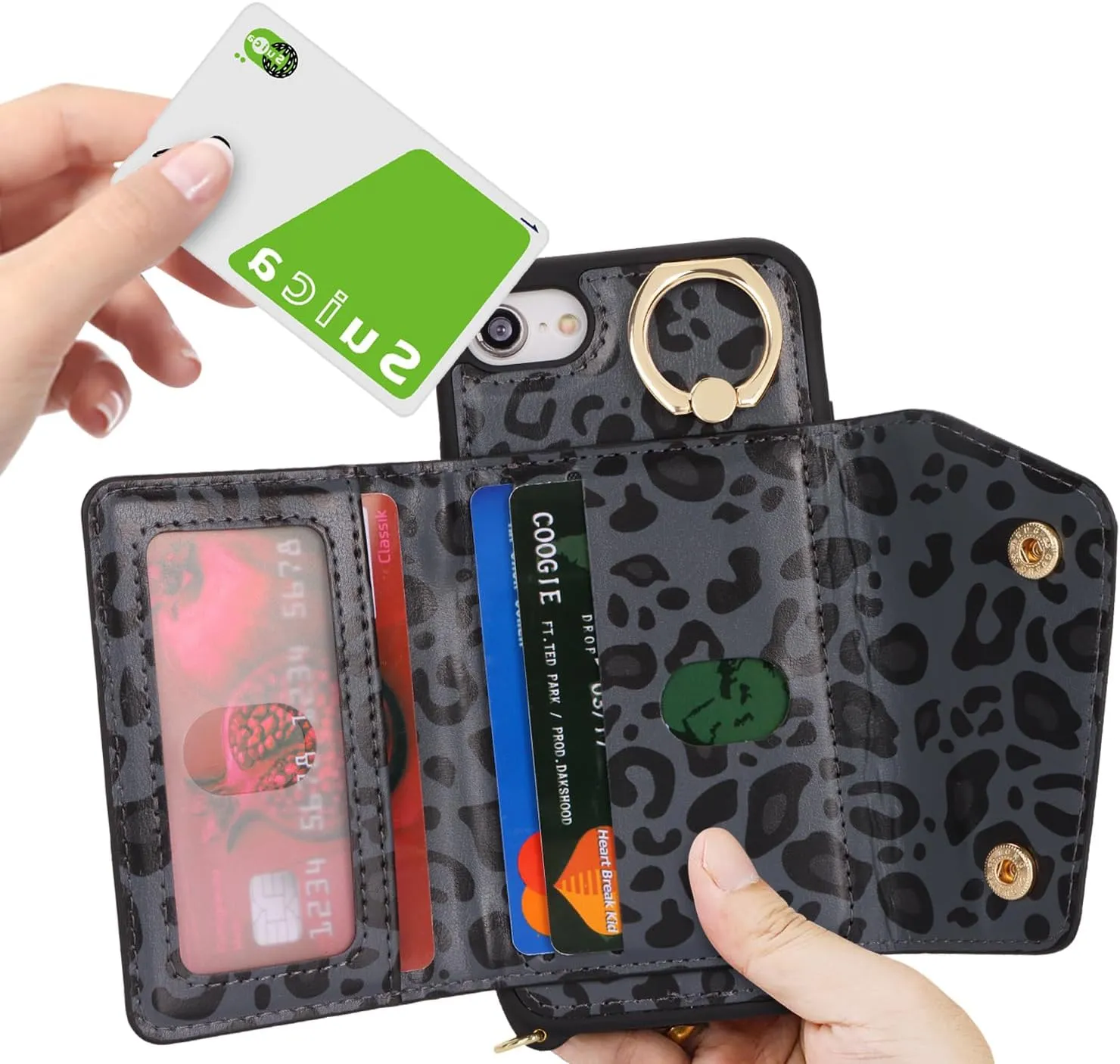 for iPhone 7/8/SE2020/SE2022 Case with Card Holder and Strap - Zipper Pocket,Crossbody Lanyard Strap,Credit Card Holder,Stand Ring,Cute Phone Wallet Case for Women(Black Leopard,4.7 Inch)