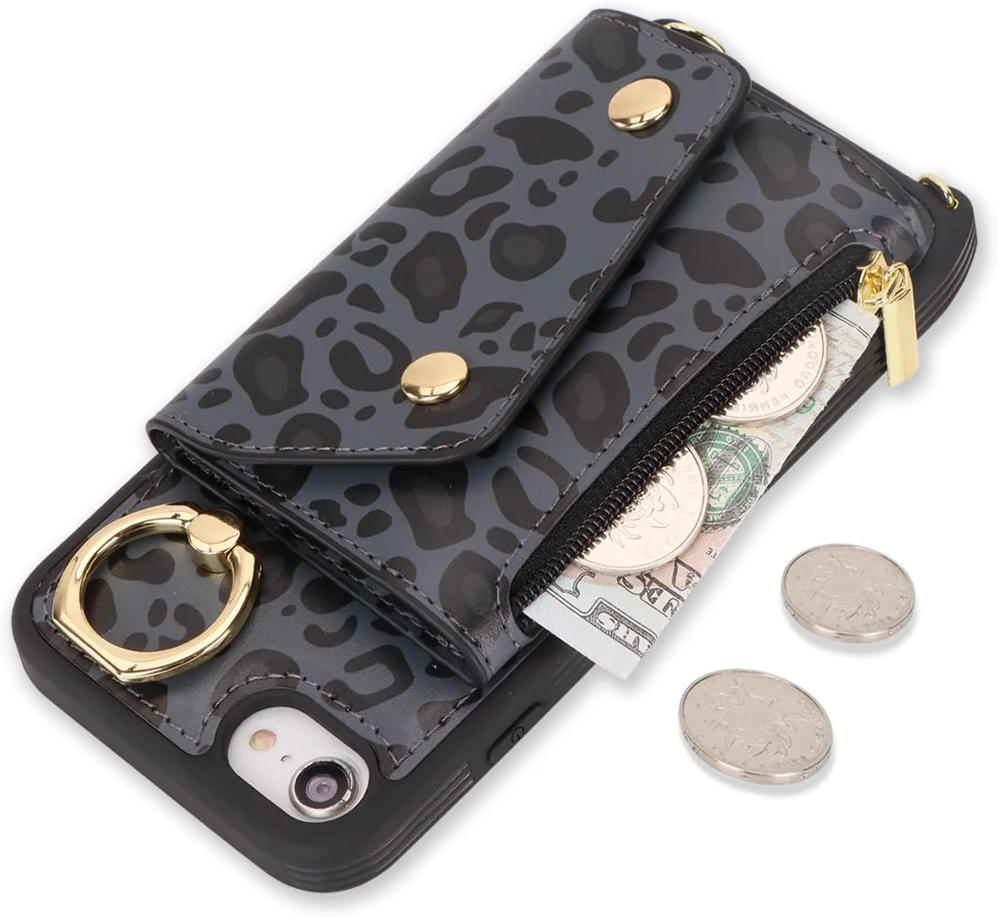 for iPhone 7/8/SE2020/SE2022 Case with Card Holder and Strap - Zipper Pocket,Crossbody Lanyard Strap,Credit Card Holder,Stand Ring,Cute Phone Wallet Case for Women(Black Leopard,4.7 Inch)