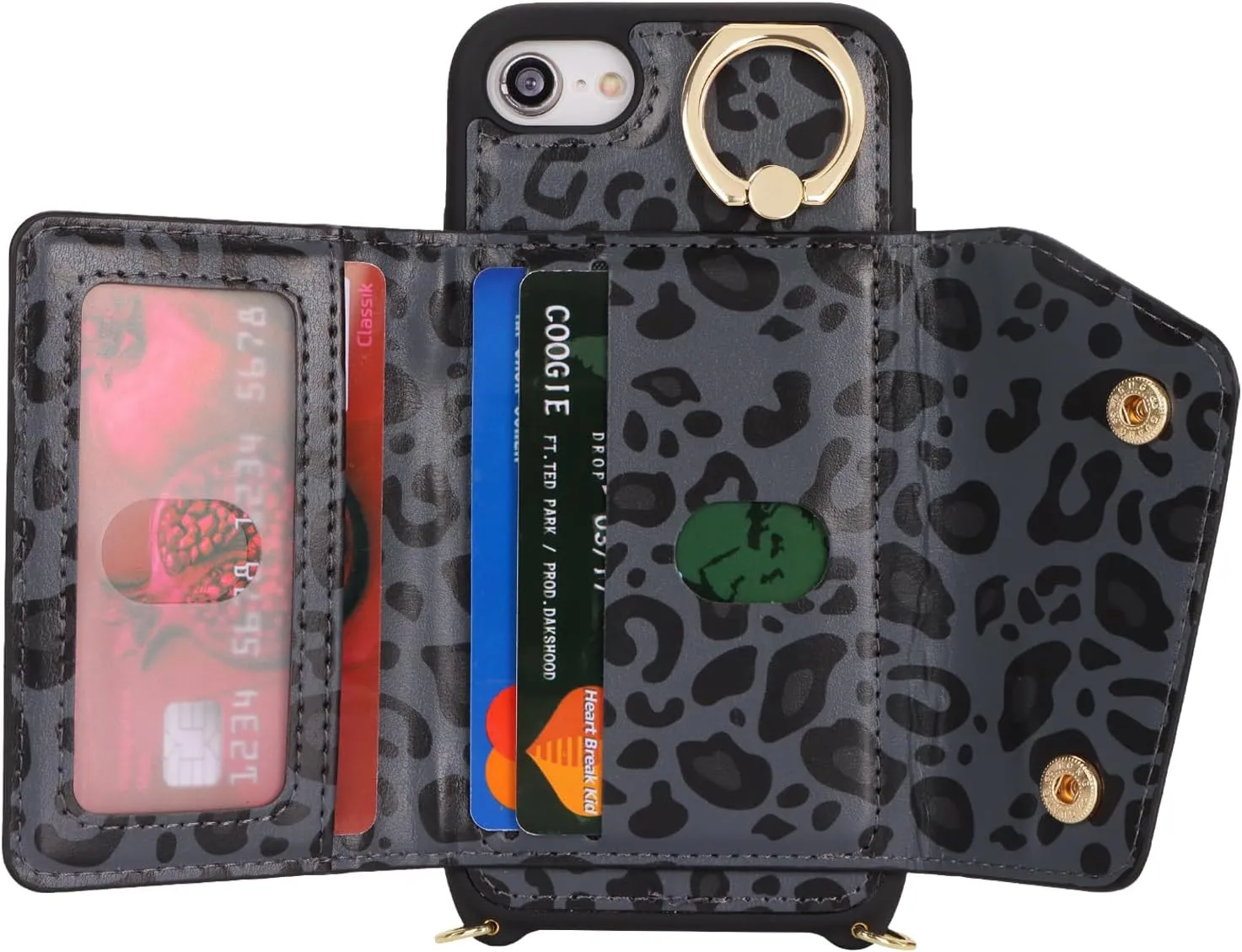 for iPhone 7/8/SE2020/SE2022 Case with Card Holder and Strap - Zipper Pocket,Crossbody Lanyard Strap,Credit Card Holder,Stand Ring,Cute Phone Wallet Case for Women(Black Leopard,4.7 Inch)