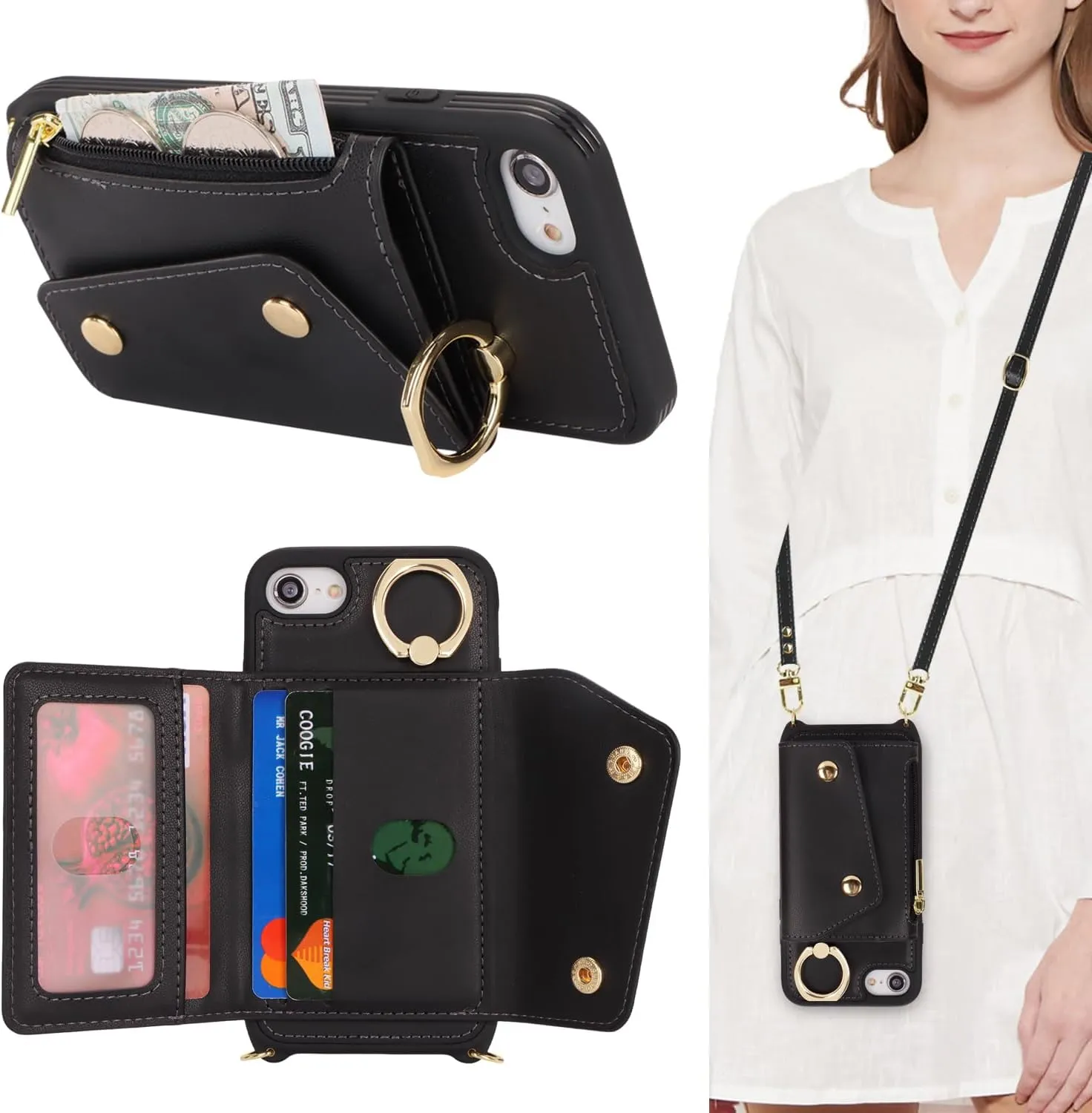 for iPhone 7/8/SE2020/SE2022 Case with Card Holder and Strap - Zipper Pocket,Crossbody Lanyard Strap,Credit Card Holder,Stand Ring,Cute Phone Wallet Case for Women(Black,4.7 Inch)