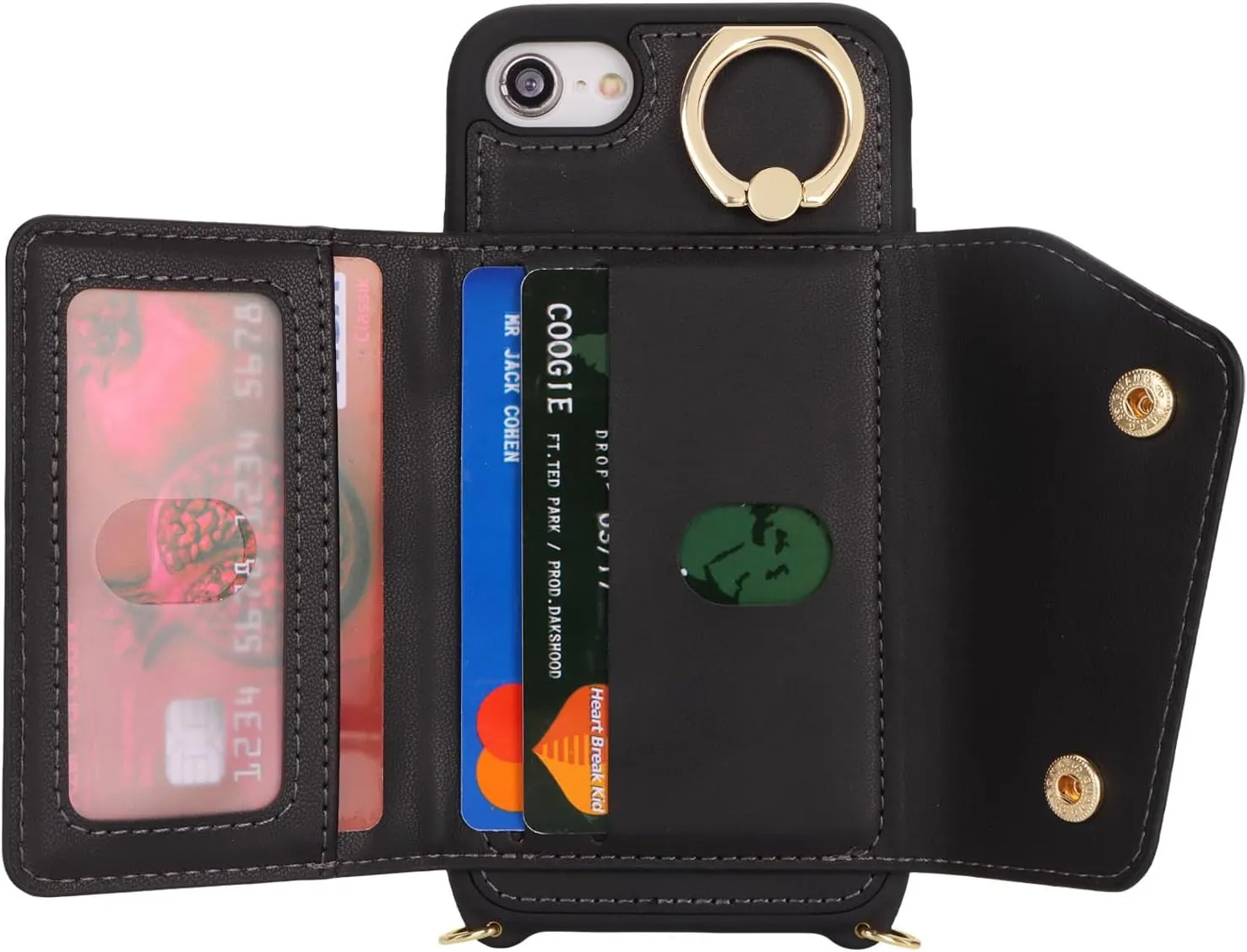 for iPhone 7/8/SE2020/SE2022 Case with Card Holder and Strap - Zipper Pocket,Crossbody Lanyard Strap,Credit Card Holder,Stand Ring,Cute Phone Wallet Case for Women(Black,4.7 Inch)