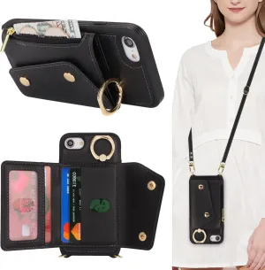 for iPhone 7/8/SE2020/SE2022 Case with Card Holder and Strap - Zipper Pocket,Crossbody Lanyard Strap,Credit Card Holder,Stand Ring,Cute Phone Wallet Case for Women(Black,4.7 Inch)