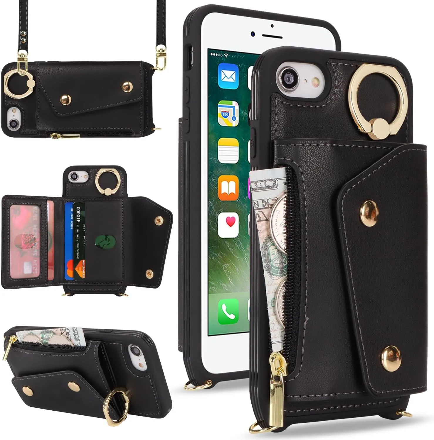 for iPhone 7/8/SE2020/SE2022 Case with Card Holder and Strap - Zipper Pocket,Crossbody Lanyard Strap,Credit Card Holder,Stand Ring,Cute Phone Wallet Case for Women(Black,4.7 Inch)