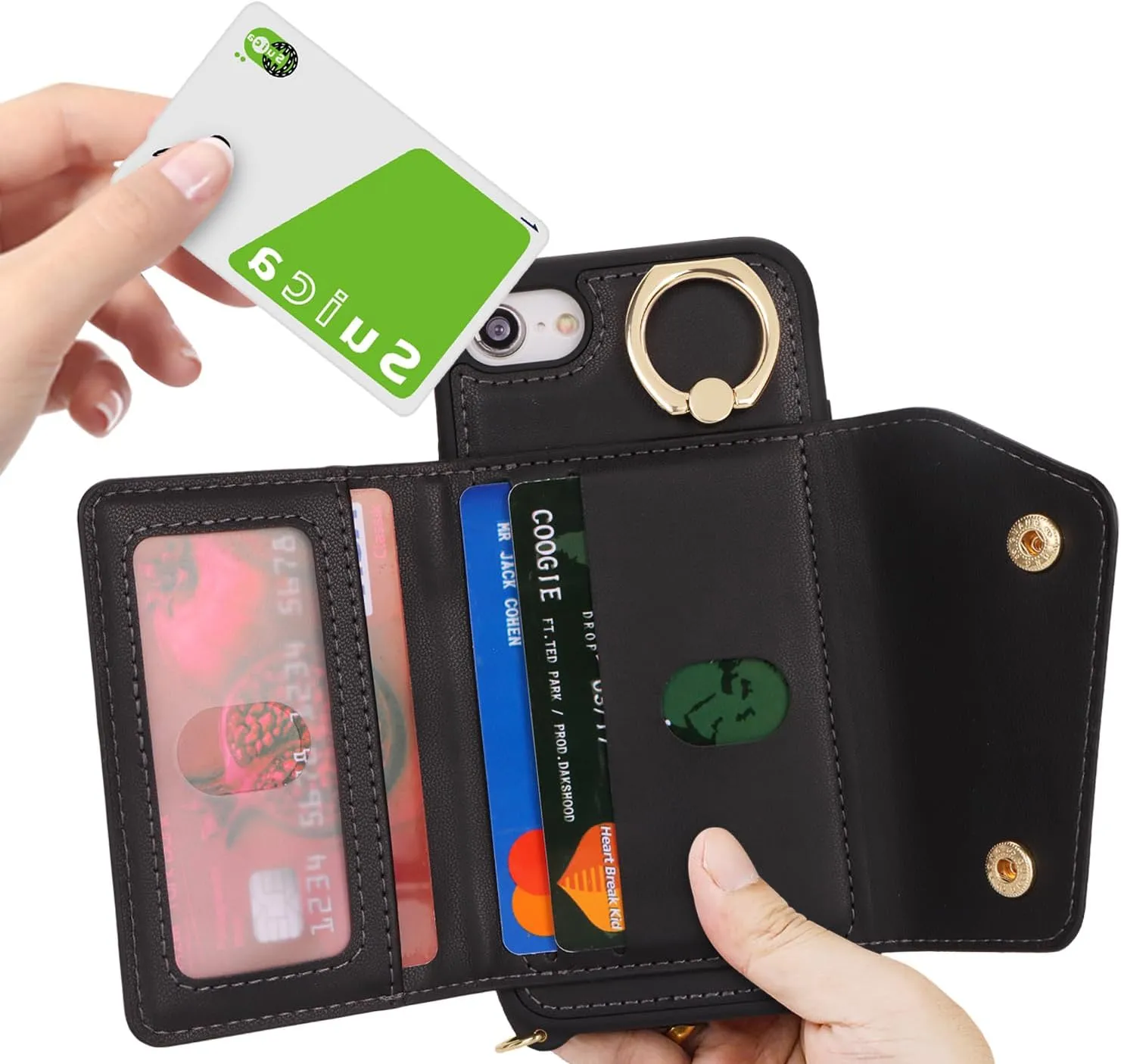 for iPhone 7/8/SE2020/SE2022 Case with Card Holder and Strap - Zipper Pocket,Crossbody Lanyard Strap,Credit Card Holder,Stand Ring,Cute Phone Wallet Case for Women(Black,4.7 Inch)