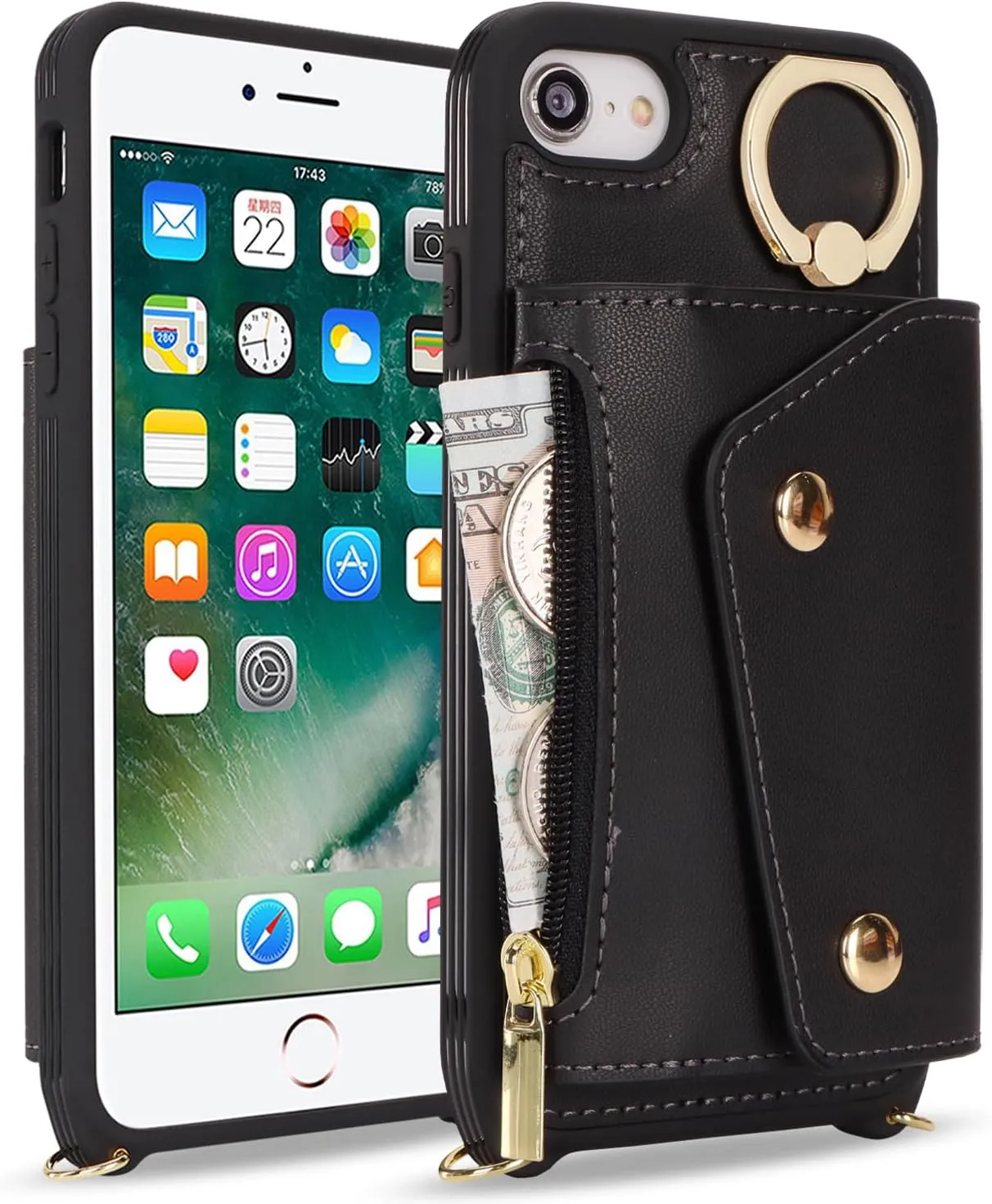 for iPhone 7/8/SE2020/SE2022 Case with Card Holder and Strap - Zipper Pocket,Crossbody Lanyard Strap,Credit Card Holder,Stand Ring,Cute Phone Wallet Case for Women(Black,4.7 Inch)