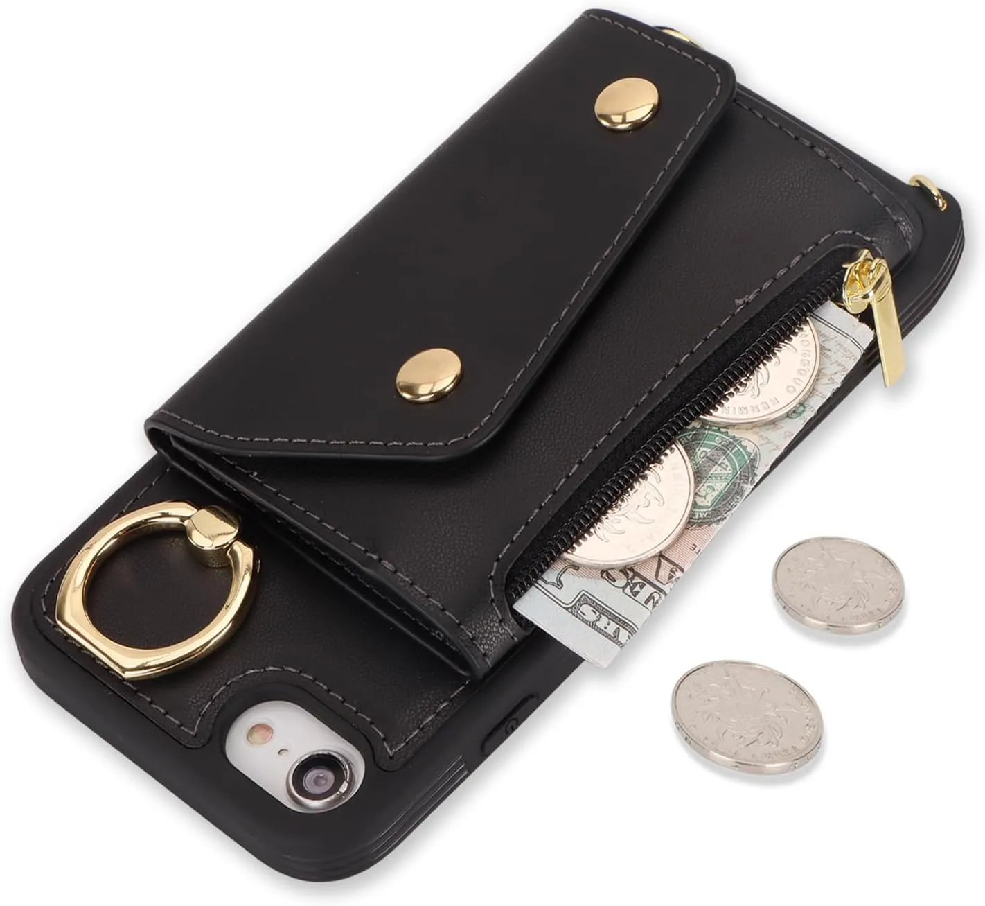 for iPhone 7/8/SE2020/SE2022 Case with Card Holder and Strap - Zipper Pocket,Crossbody Lanyard Strap,Credit Card Holder,Stand Ring,Cute Phone Wallet Case for Women(Black,4.7 Inch)
