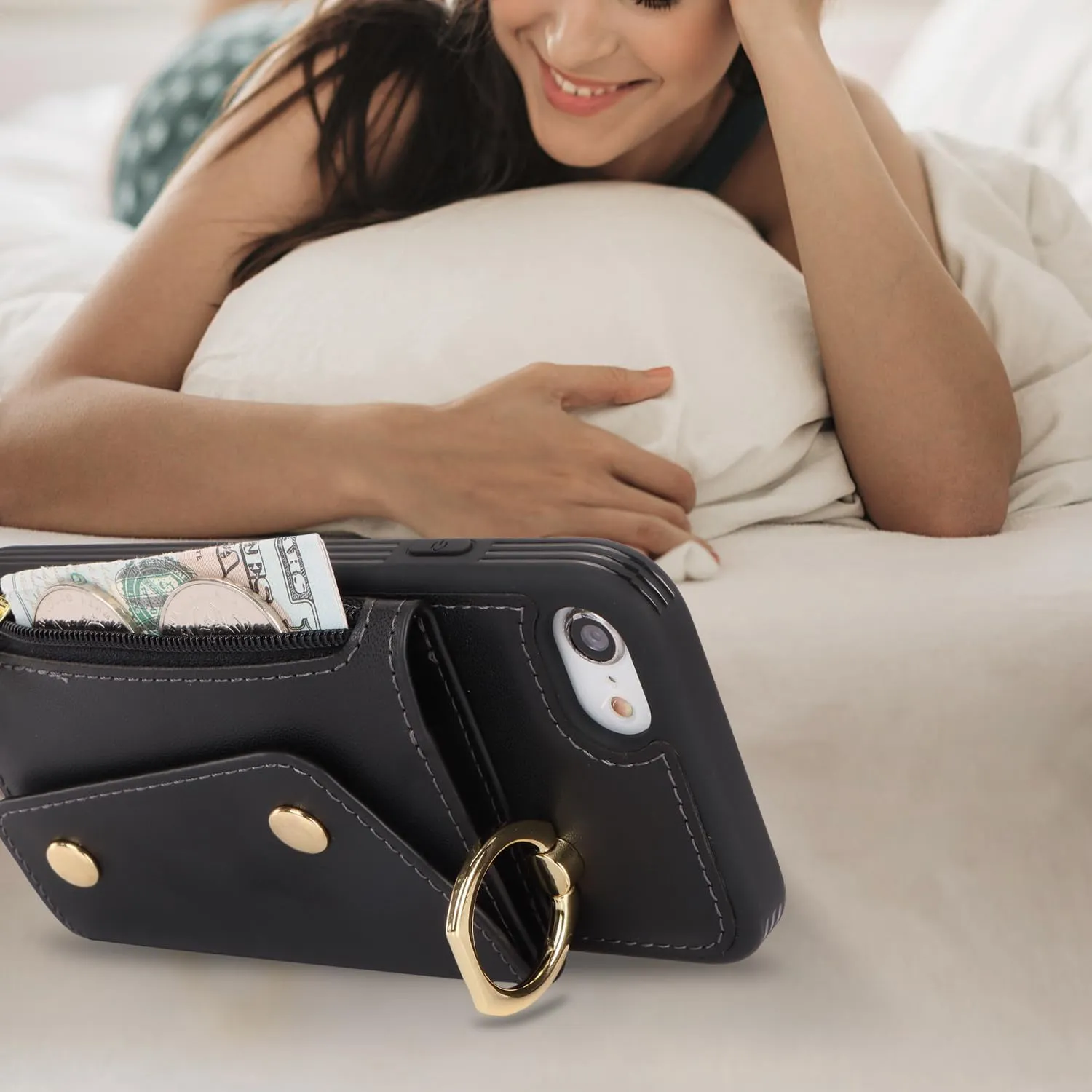 for iPhone 7/8/SE2020/SE2022 Case with Card Holder and Strap - Zipper Pocket,Crossbody Lanyard Strap,Credit Card Holder,Stand Ring,Cute Phone Wallet Case for Women(Black,4.7 Inch)