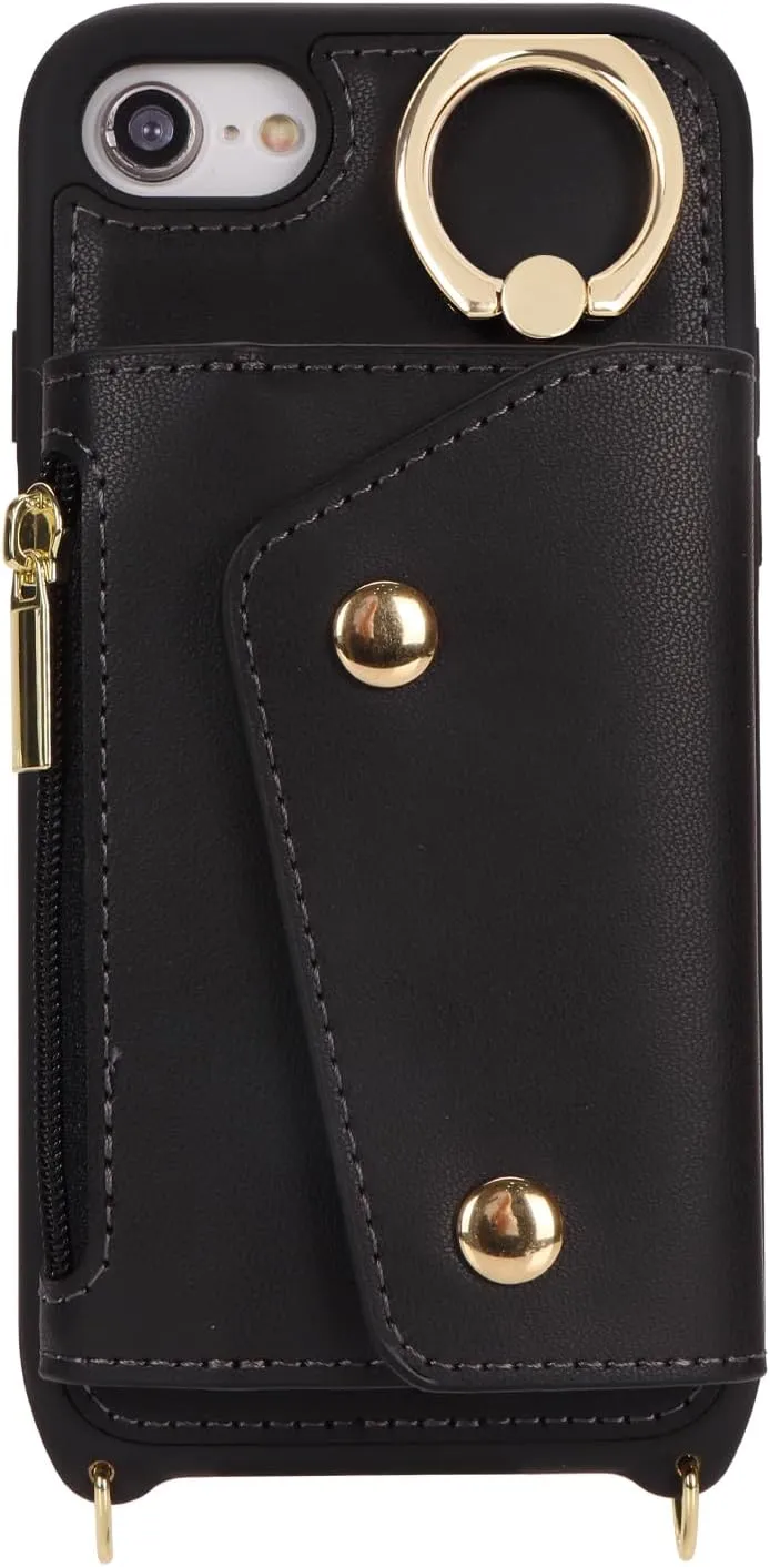for iPhone 7/8/SE2020/SE2022 Case with Card Holder and Strap - Zipper Pocket,Crossbody Lanyard Strap,Credit Card Holder,Stand Ring,Cute Phone Wallet Case for Women(Black,4.7 Inch)