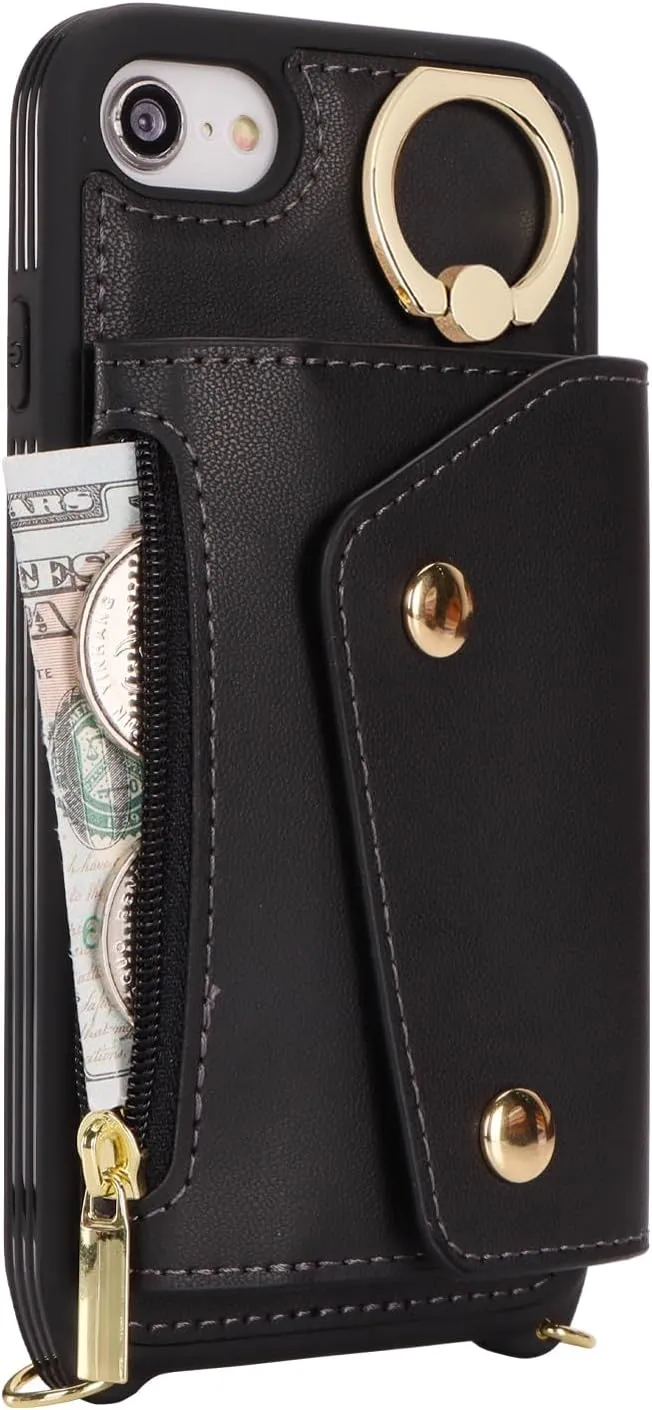 for iPhone 7/8/SE2020/SE2022 Case with Card Holder and Strap - Zipper Pocket,Crossbody Lanyard Strap,Credit Card Holder,Stand Ring,Cute Phone Wallet Case for Women(Black,4.7 Inch)