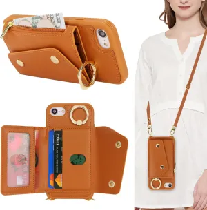 for iPhone 7/8/SE2020/SE2022 Case with Card Holder and Strap - Zipper Pocket,Crossbody Lanyard Strap,Credit Card Holder,Stand Ring,Cute Phone Wallet Case for Women(Brown,4.7 Inch)