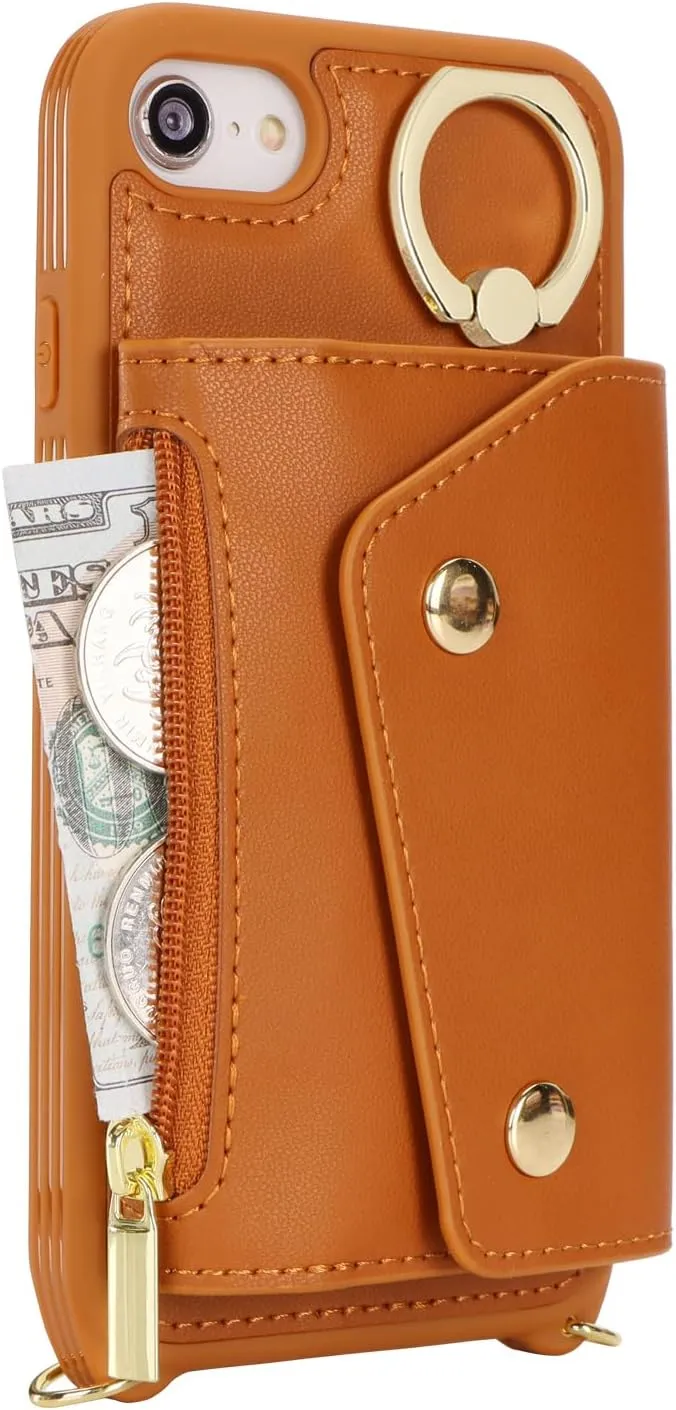 for iPhone 7/8/SE2020/SE2022 Case with Card Holder and Strap - Zipper Pocket,Crossbody Lanyard Strap,Credit Card Holder,Stand Ring,Cute Phone Wallet Case for Women(Brown,4.7 Inch)