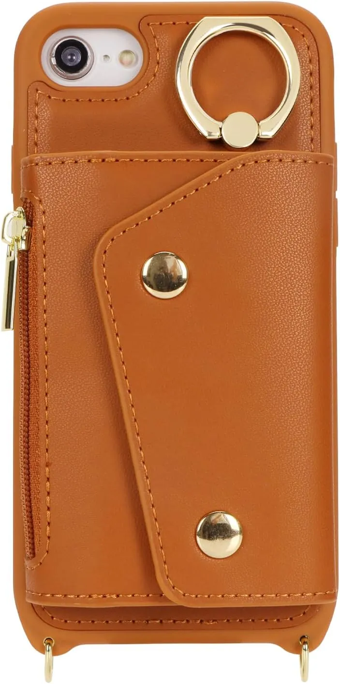 for iPhone 7/8/SE2020/SE2022 Case with Card Holder and Strap - Zipper Pocket,Crossbody Lanyard Strap,Credit Card Holder,Stand Ring,Cute Phone Wallet Case for Women(Brown,4.7 Inch)