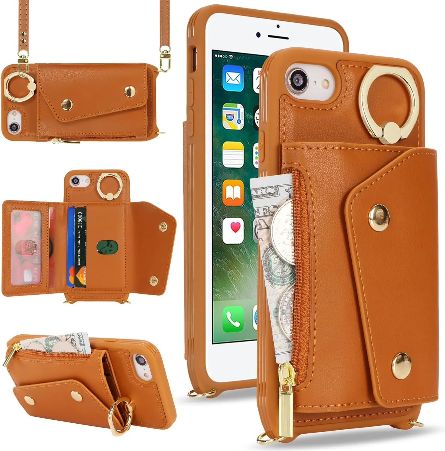 for iPhone 7/8/SE2020/SE2022 Case with Card Holder and Strap - Zipper Pocket,Crossbody Lanyard Strap,Credit Card Holder,Stand Ring,Cute Phone Wallet Case for Women(Brown,4.7 Inch)