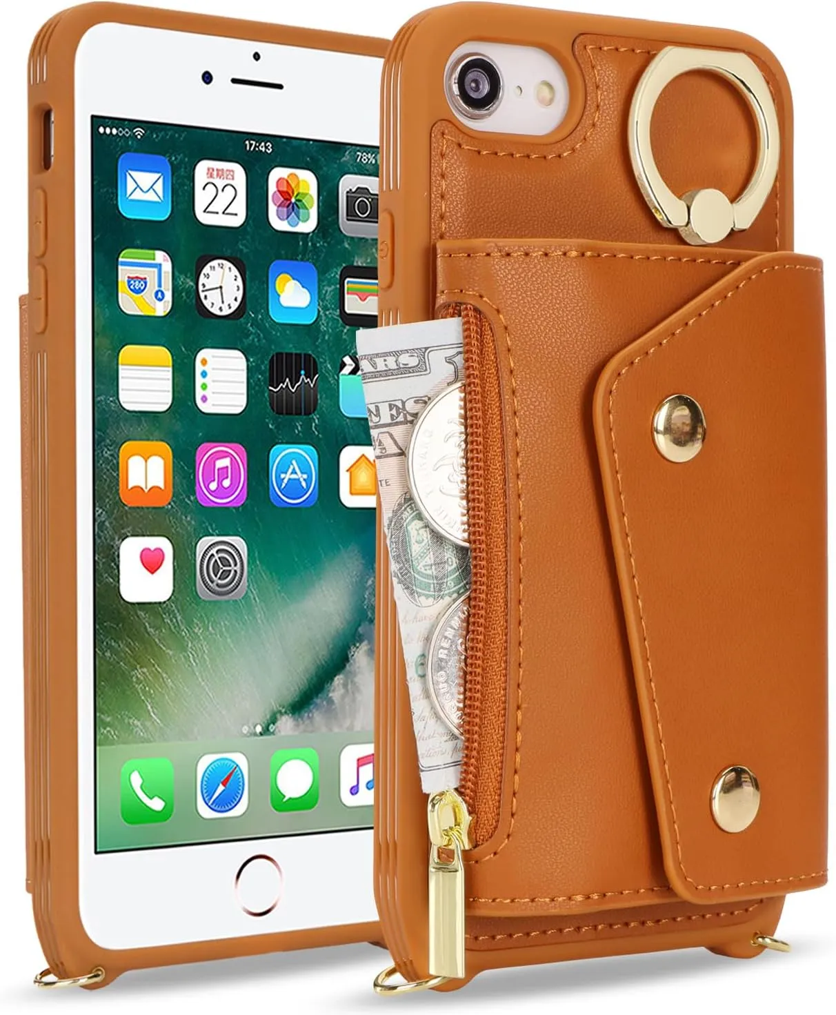 for iPhone 7/8/SE2020/SE2022 Case with Card Holder and Strap - Zipper Pocket,Crossbody Lanyard Strap,Credit Card Holder,Stand Ring,Cute Phone Wallet Case for Women(Brown,4.7 Inch)