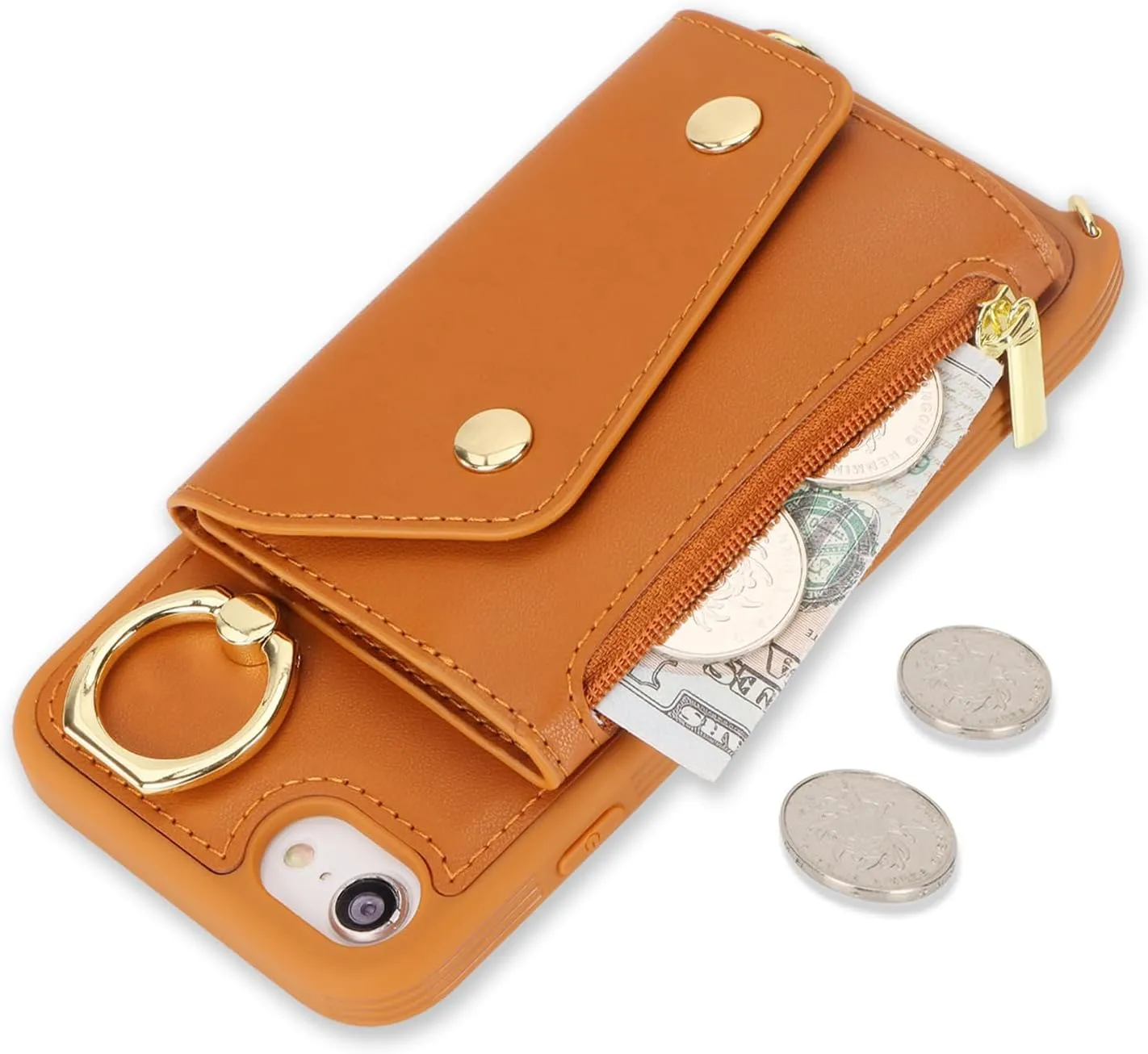 for iPhone 7/8/SE2020/SE2022 Case with Card Holder and Strap - Zipper Pocket,Crossbody Lanyard Strap,Credit Card Holder,Stand Ring,Cute Phone Wallet Case for Women(Brown,4.7 Inch)