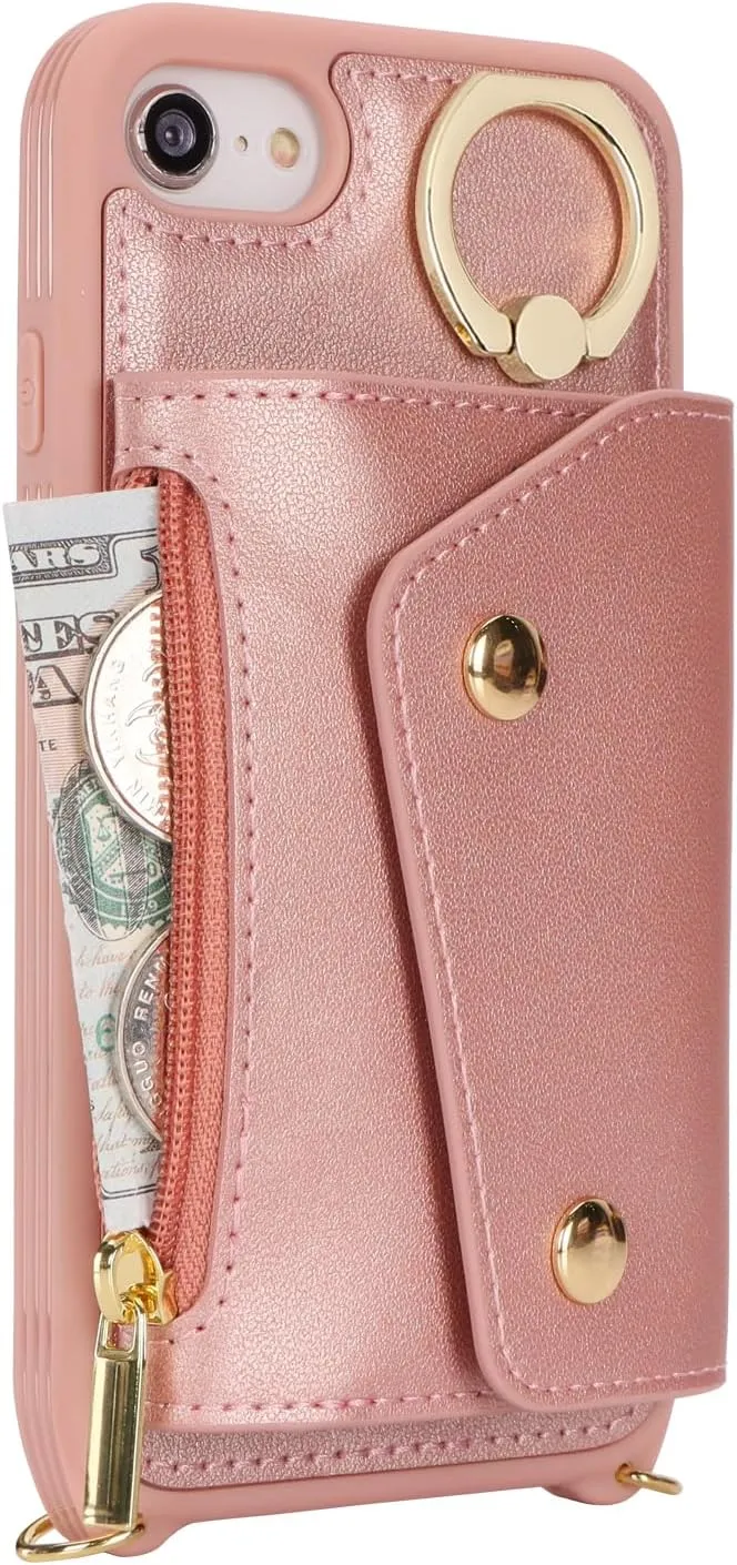 for iPhone 7/8/SE2020/SE2022 Case with Card Holder and Strap - Zipper Pocket,Crossbody Lanyard Strap,Credit Card Holder,Stand Ring,Cute Phone Wallet Case for Women(Rose Gold,4.7 Inch)