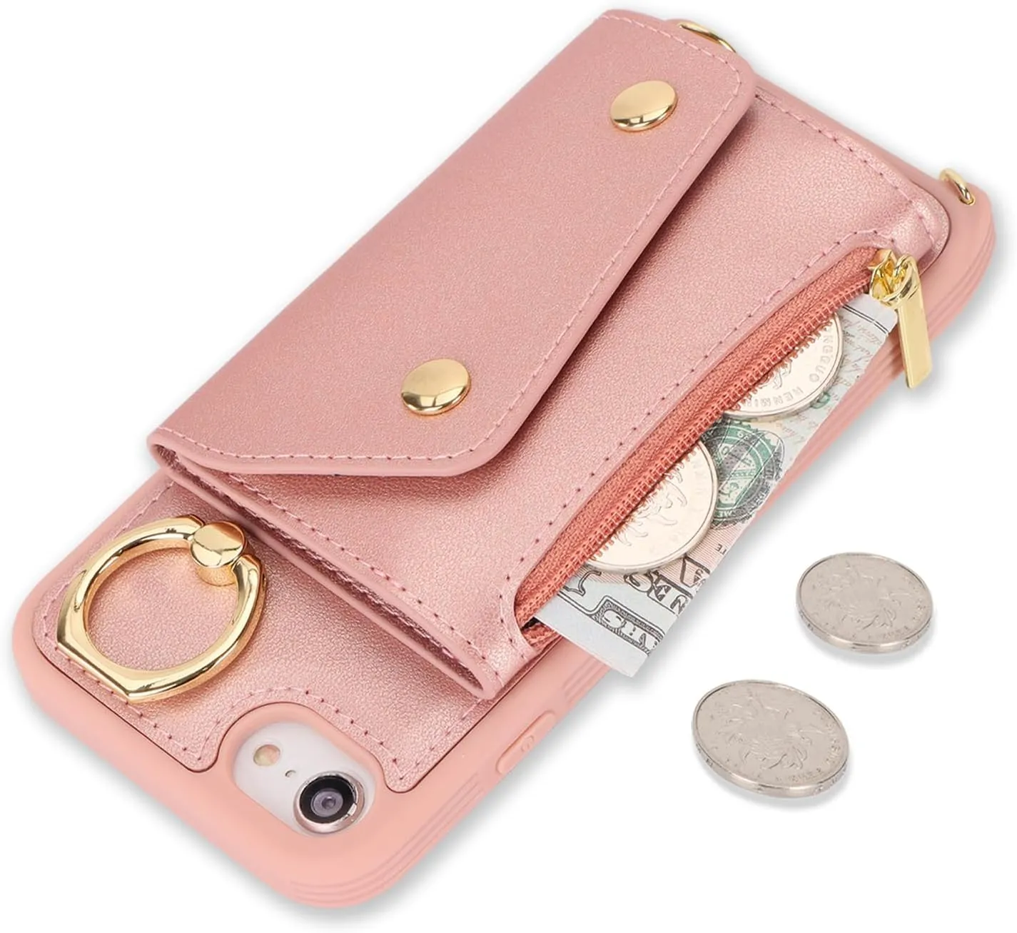 for iPhone 7/8/SE2020/SE2022 Case with Card Holder and Strap - Zipper Pocket,Crossbody Lanyard Strap,Credit Card Holder,Stand Ring,Cute Phone Wallet Case for Women(Rose Gold,4.7 Inch)