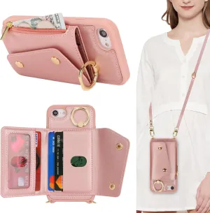 for iPhone 7/8/SE2020/SE2022 Case with Card Holder and Strap - Zipper Pocket,Crossbody Lanyard Strap,Credit Card Holder,Stand Ring,Cute Phone Wallet Case for Women(Rose Gold,4.7 Inch)