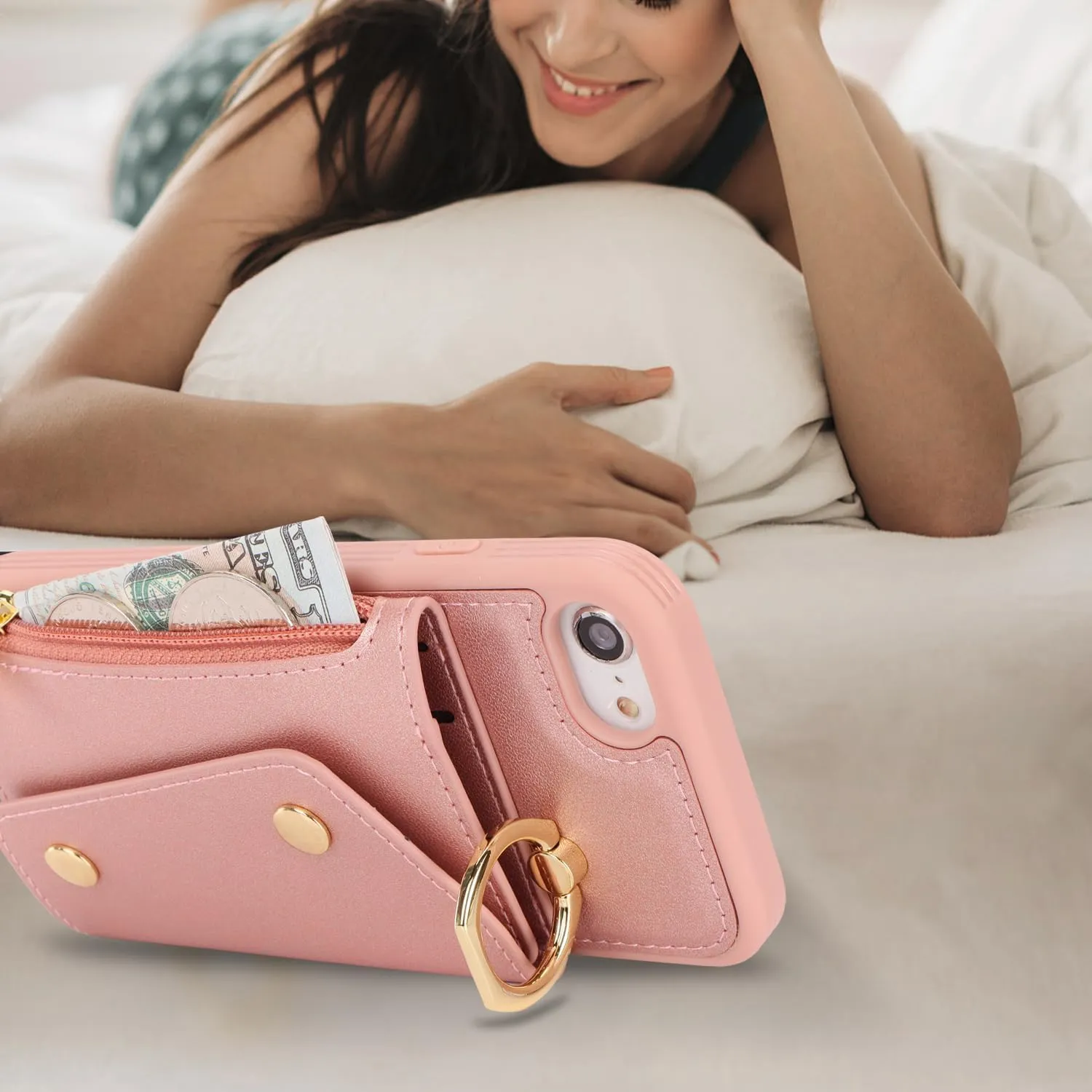 for iPhone 7/8/SE2020/SE2022 Case with Card Holder and Strap - Zipper Pocket,Crossbody Lanyard Strap,Credit Card Holder,Stand Ring,Cute Phone Wallet Case for Women(Rose Gold,4.7 Inch)