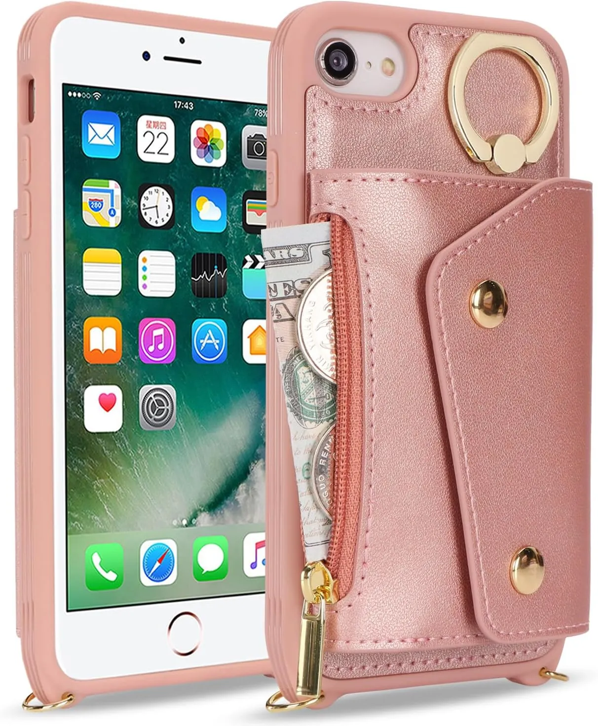 for iPhone 7/8/SE2020/SE2022 Case with Card Holder and Strap - Zipper Pocket,Crossbody Lanyard Strap,Credit Card Holder,Stand Ring,Cute Phone Wallet Case for Women(Rose Gold,4.7 Inch)