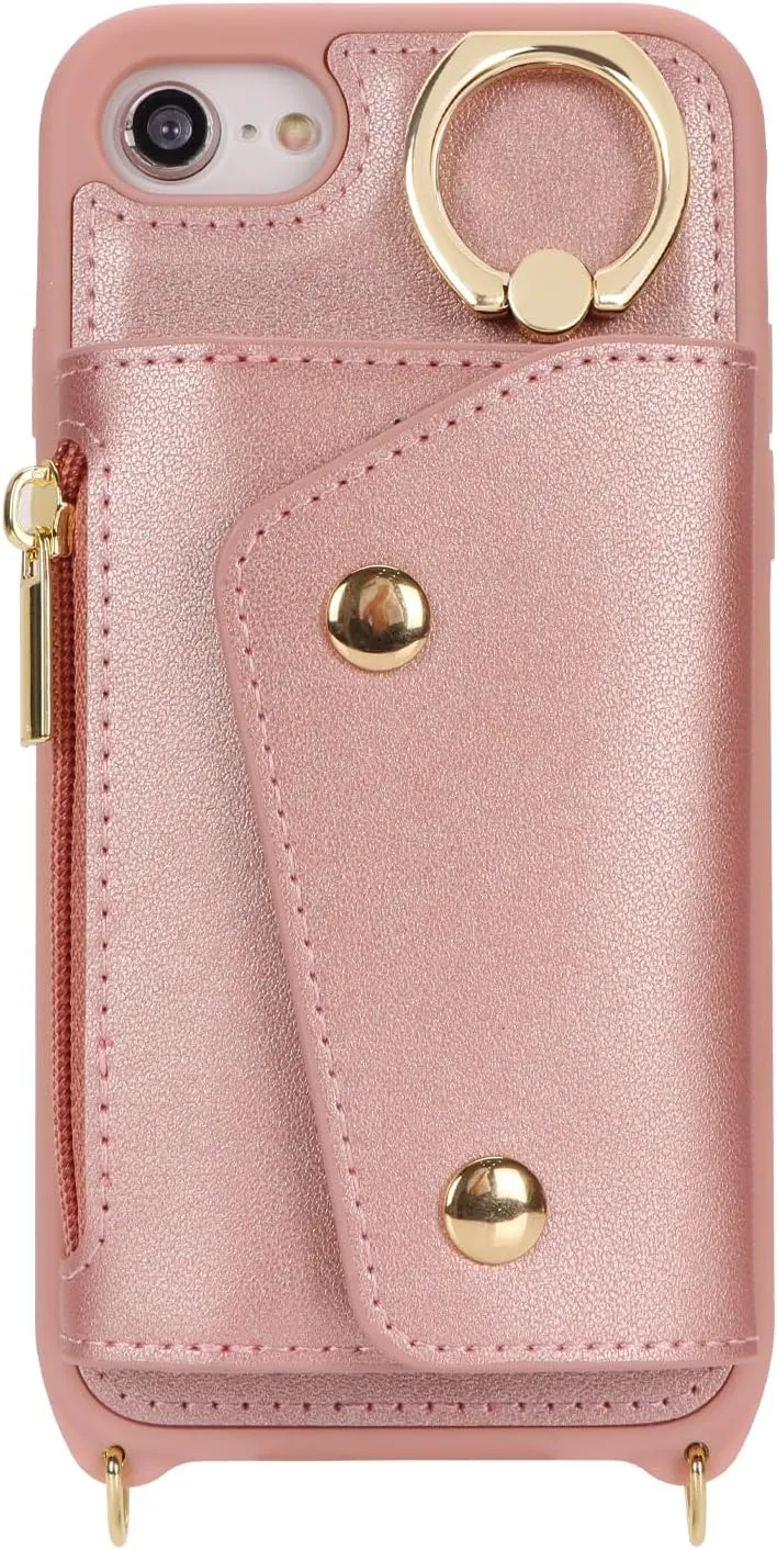 for iPhone 7/8/SE2020/SE2022 Case with Card Holder and Strap - Zipper Pocket,Crossbody Lanyard Strap,Credit Card Holder,Stand Ring,Cute Phone Wallet Case for Women(Rose Gold,4.7 Inch)