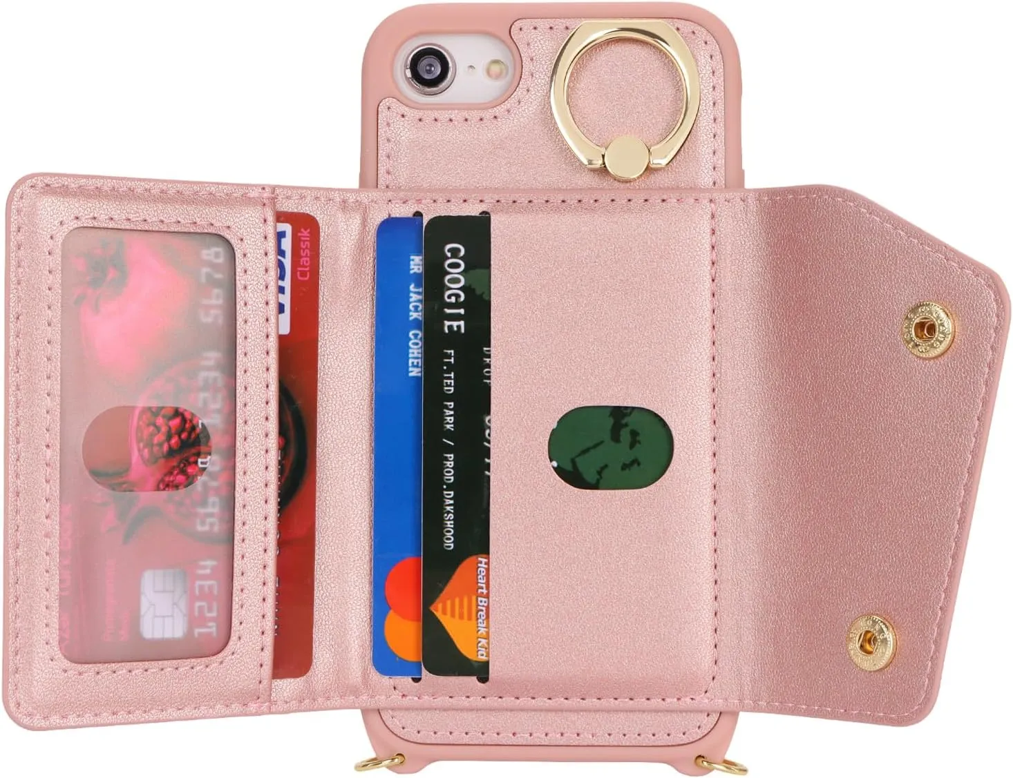 for iPhone 7/8/SE2020/SE2022 Case with Card Holder and Strap - Zipper Pocket,Crossbody Lanyard Strap,Credit Card Holder,Stand Ring,Cute Phone Wallet Case for Women(Rose Gold,4.7 Inch)