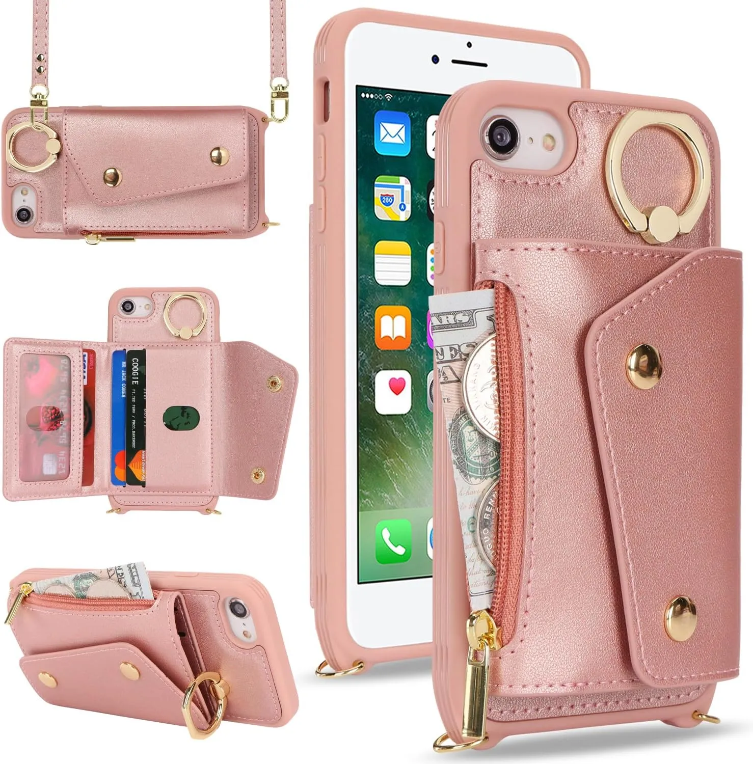 for iPhone 7/8/SE2020/SE2022 Case with Card Holder and Strap - Zipper Pocket,Crossbody Lanyard Strap,Credit Card Holder,Stand Ring,Cute Phone Wallet Case for Women(Rose Gold,4.7 Inch)