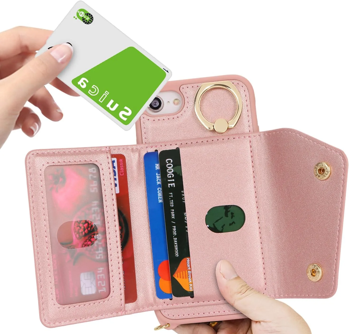 for iPhone 7/8/SE2020/SE2022 Case with Card Holder and Strap - Zipper Pocket,Crossbody Lanyard Strap,Credit Card Holder,Stand Ring,Cute Phone Wallet Case for Women(Rose Gold,4.7 Inch)