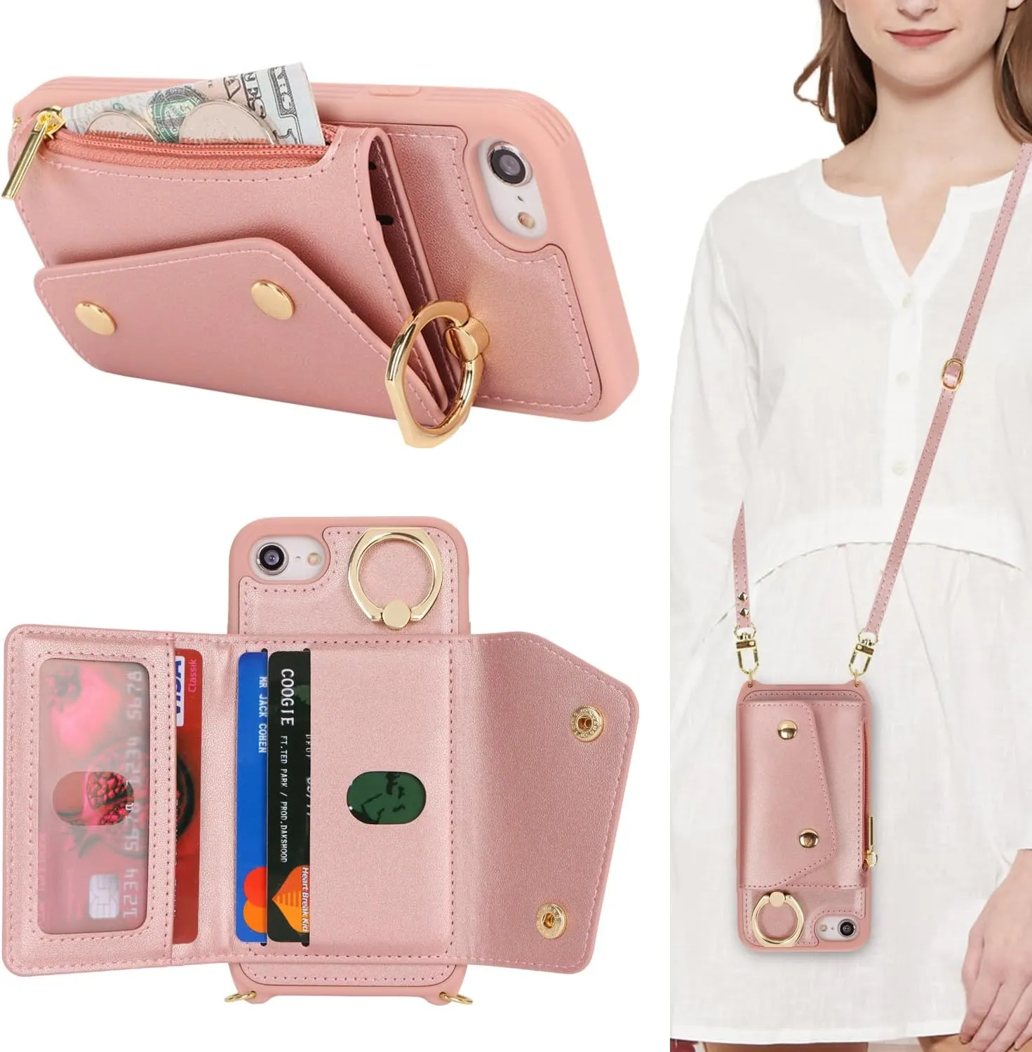 for iPhone 7/8/SE2020/SE2022 Case with Card Holder and Strap - Zipper Pocket,Crossbody Lanyard Strap,Credit Card Holder,Stand Ring,Cute Phone Wallet Case for Women(Rose Gold,4.7 Inch)