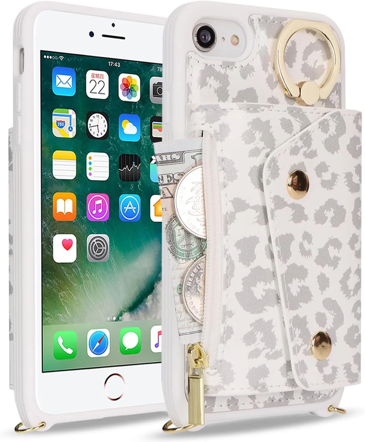 for iPhone 7/8/SE2020/SE2022 Case with Card Holder and Strap - Zipper Pocket,Crossbody Lanyard Strap,Credit Card Holder,Stand Ring,Cute Phone Wallet Case for Women(White Leopard,4.7 Inch)
