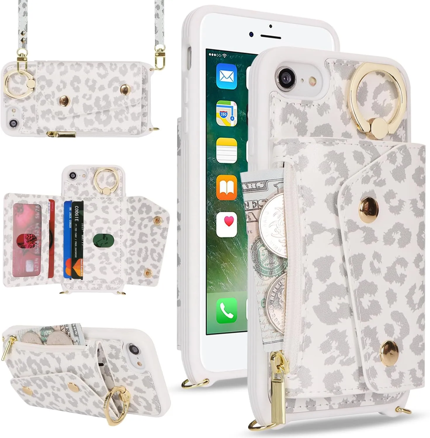 for iPhone 7/8/SE2020/SE2022 Case with Card Holder and Strap - Zipper Pocket,Crossbody Lanyard Strap,Credit Card Holder,Stand Ring,Cute Phone Wallet Case for Women(White Leopard,4.7 Inch)