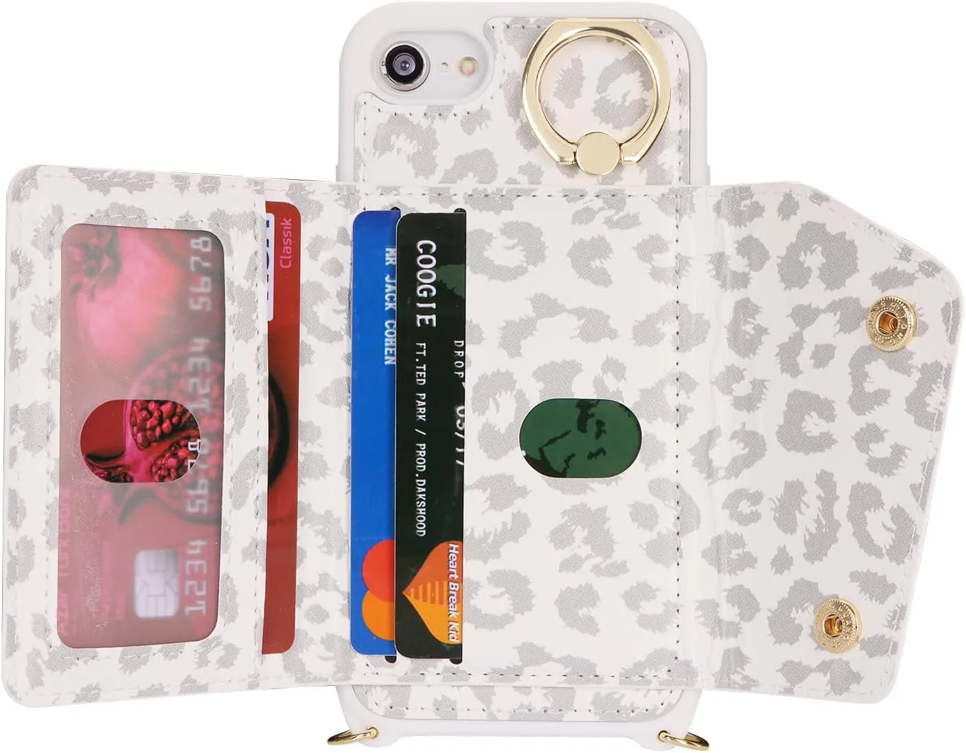 for iPhone 7/8/SE2020/SE2022 Case with Card Holder and Strap - Zipper Pocket,Crossbody Lanyard Strap,Credit Card Holder,Stand Ring,Cute Phone Wallet Case for Women(White Leopard,4.7 Inch)