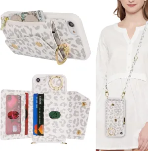 for iPhone 7/8/SE2020/SE2022 Case with Card Holder and Strap - Zipper Pocket,Crossbody Lanyard Strap,Credit Card Holder,Stand Ring,Cute Phone Wallet Case for Women(White Leopard,4.7 Inch)