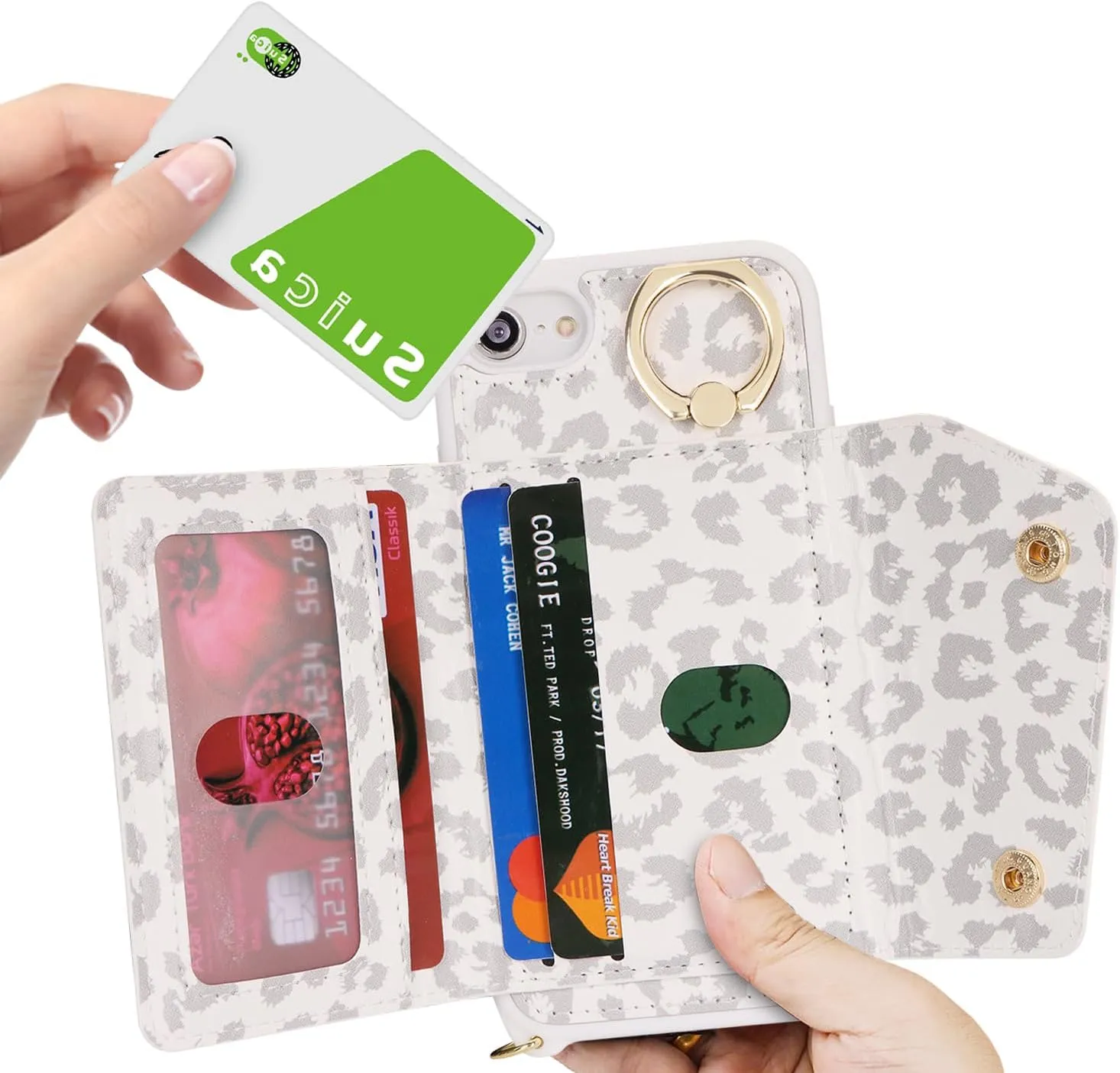 for iPhone 7/8/SE2020/SE2022 Case with Card Holder and Strap - Zipper Pocket,Crossbody Lanyard Strap,Credit Card Holder,Stand Ring,Cute Phone Wallet Case for Women(White Leopard,4.7 Inch)