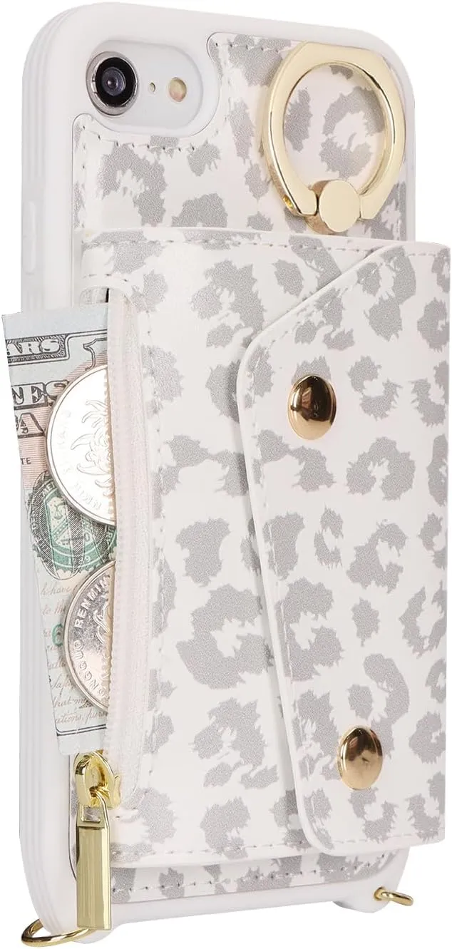for iPhone 7/8/SE2020/SE2022 Case with Card Holder and Strap - Zipper Pocket,Crossbody Lanyard Strap,Credit Card Holder,Stand Ring,Cute Phone Wallet Case for Women(White Leopard,4.7 Inch)